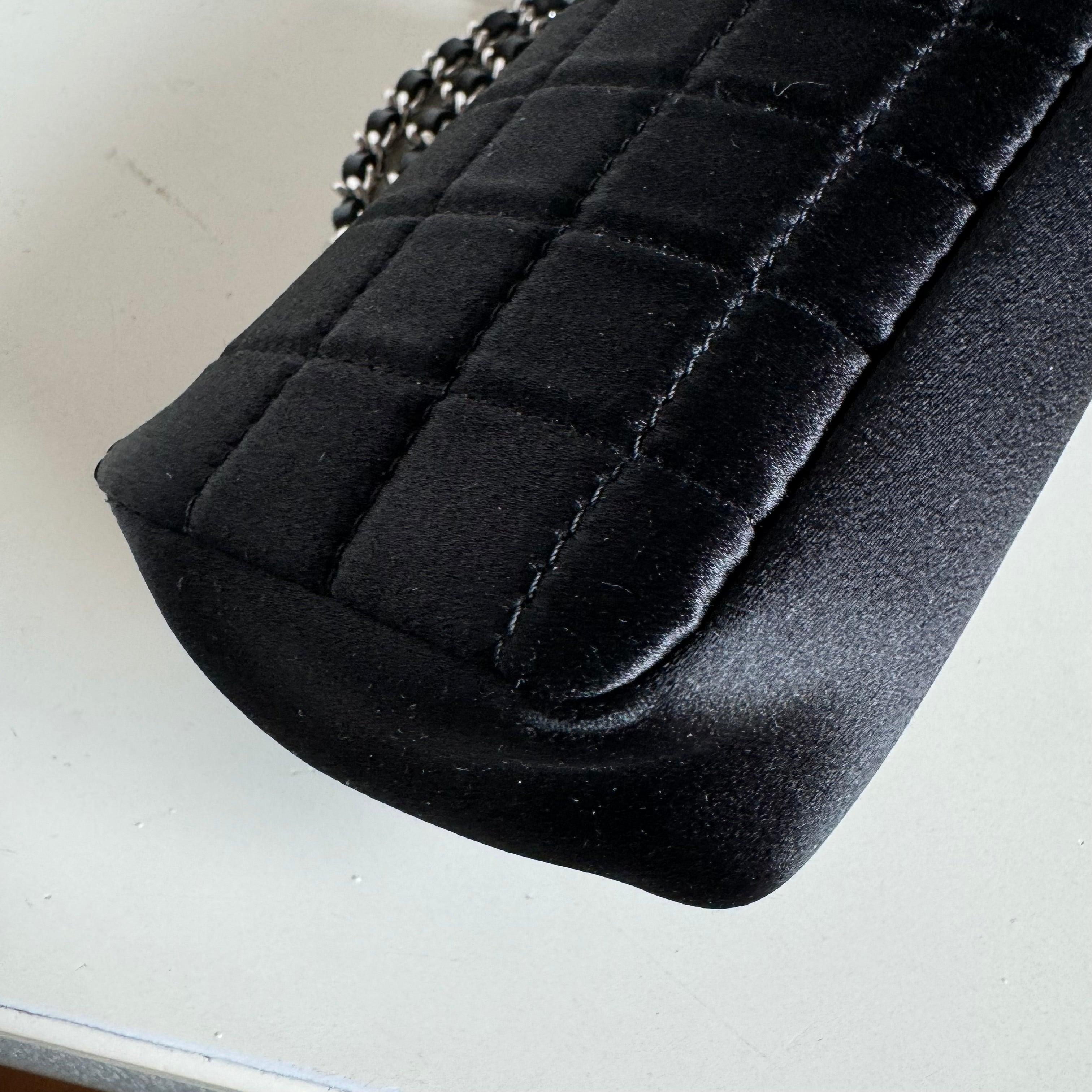 Chanel Extra Mini Flap Bag Black Satin Choco Bar Lipstick Mirror Crossbody, 2005 11
