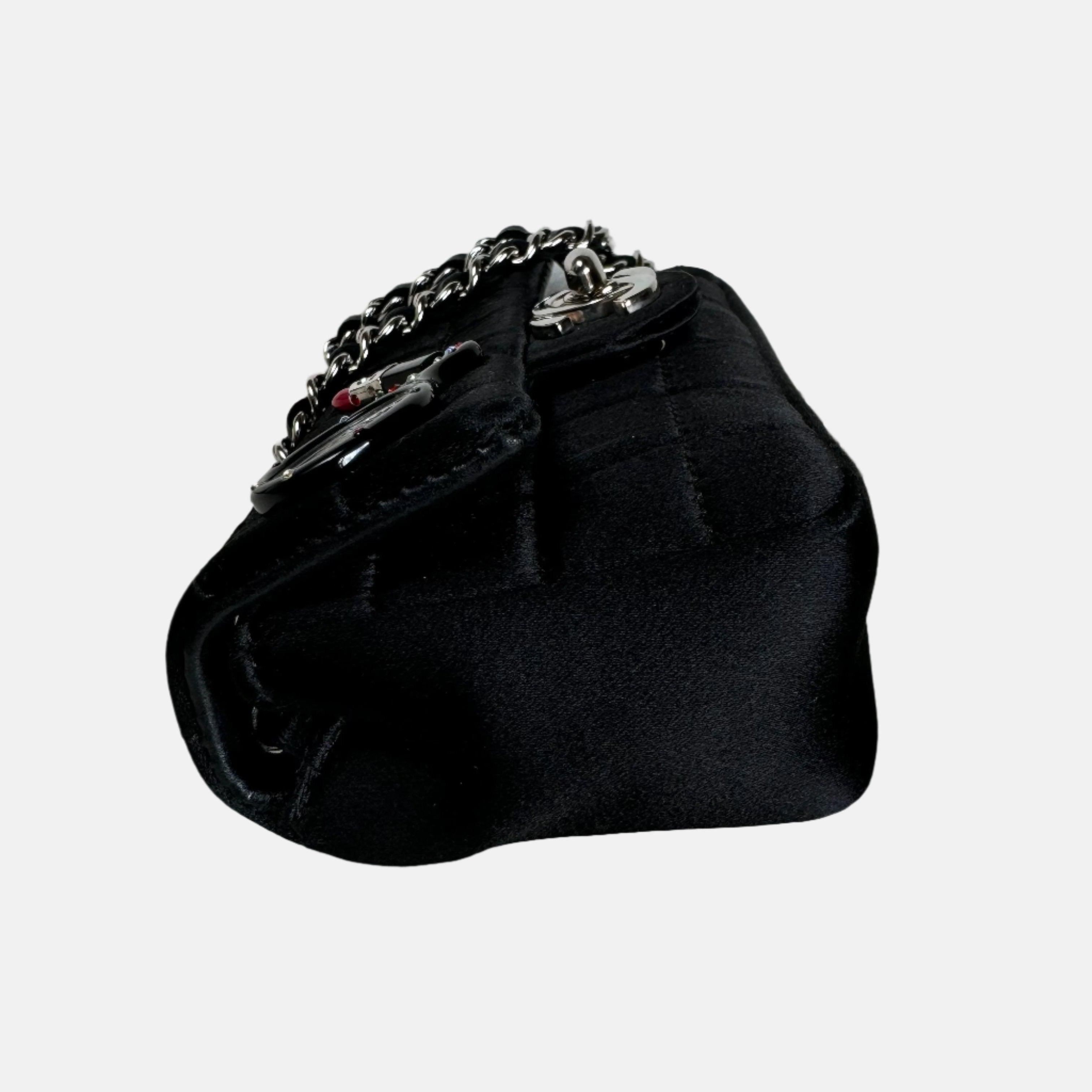 Women's Chanel Extra Mini Flap Bag Black Satin Choco Bar Lipstick Mirror Crossbody, 2005