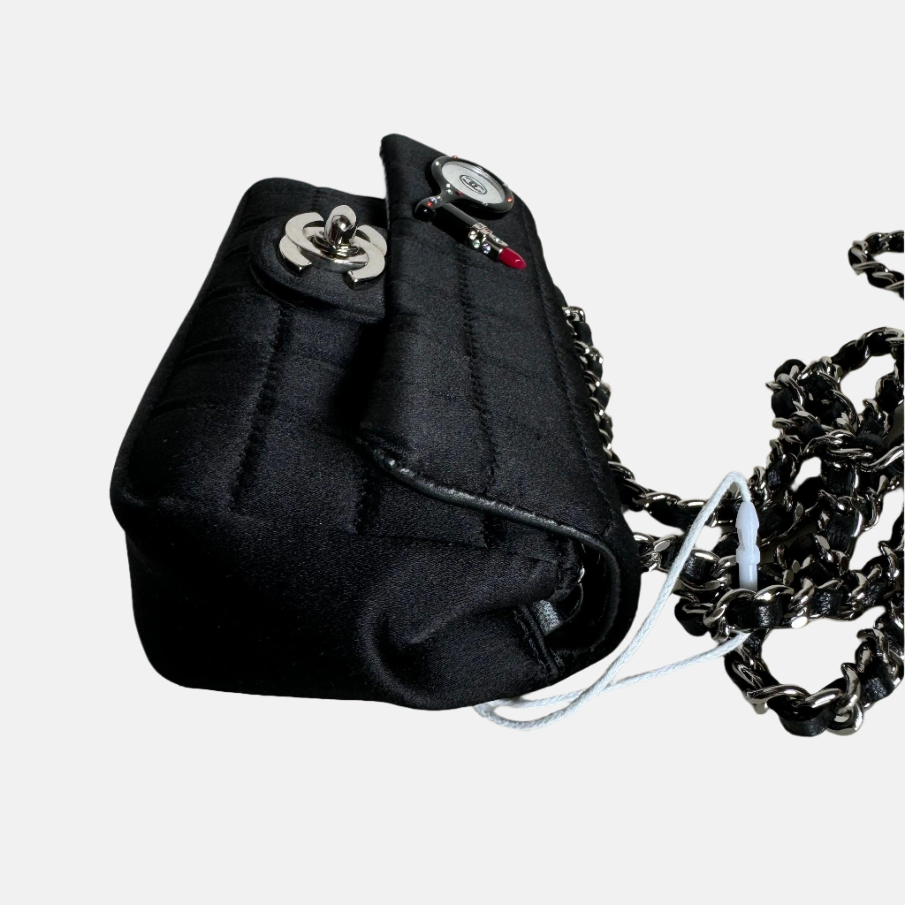 Chanel Extra Mini Flap Bag Black Satin Choco Bar Lipstick Mirror Crossbody, 2005 2
