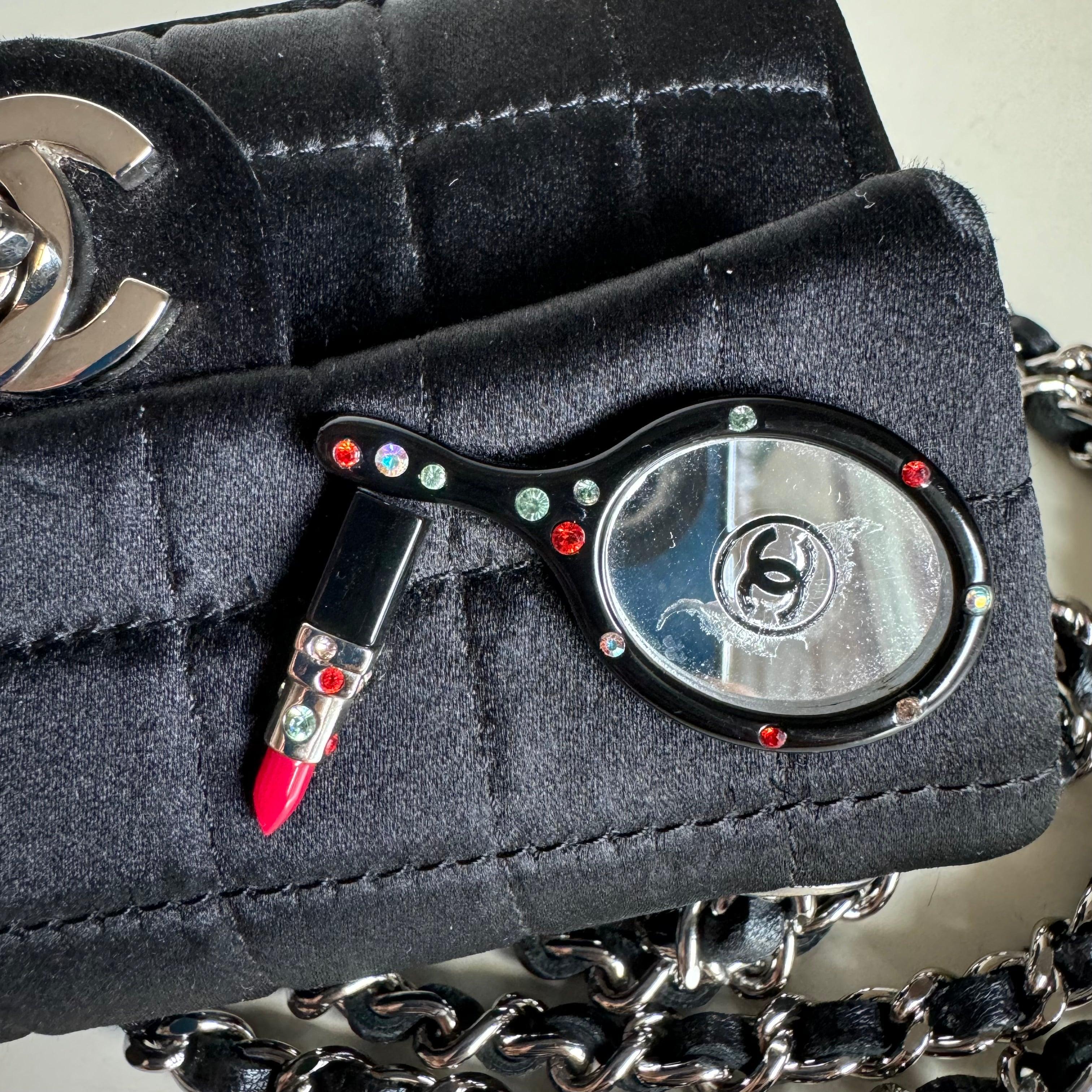 Chanel Extra Mini Flap Bag Black Satin Choco Bar Lipstick Mirror Crossbody, 2005 4