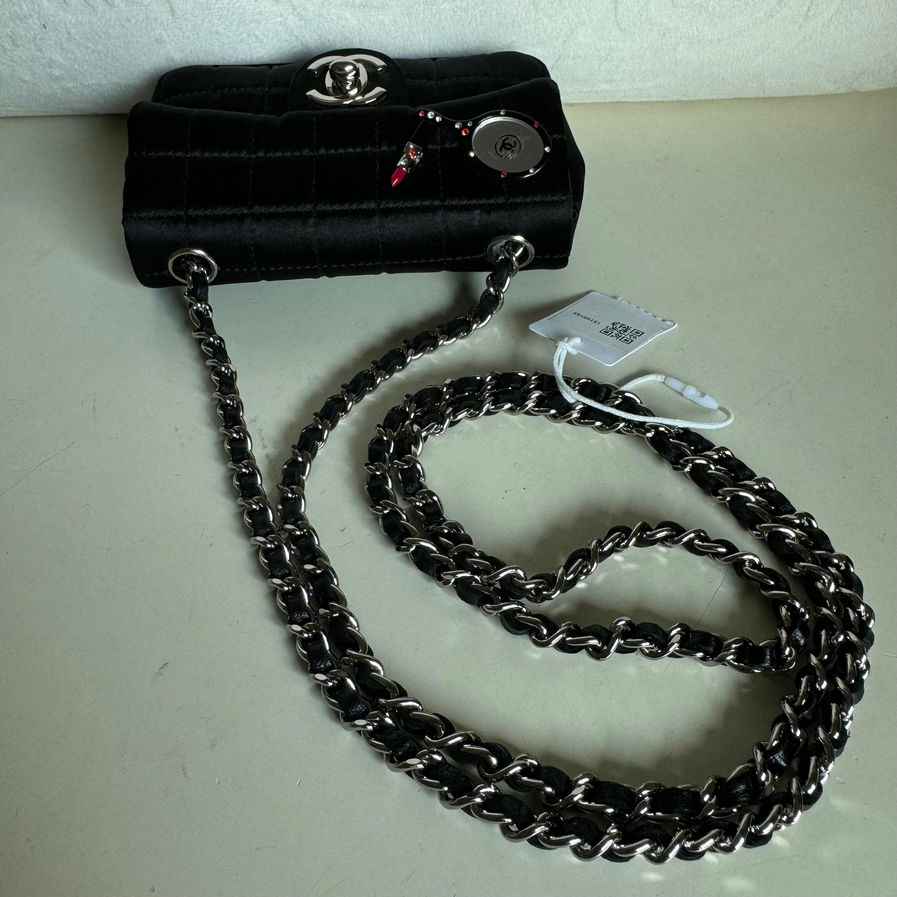 Chanel Extra Mini Flap Bag Black Satin Choco Bar Lipstick Mirror Crossbody, 2005 5