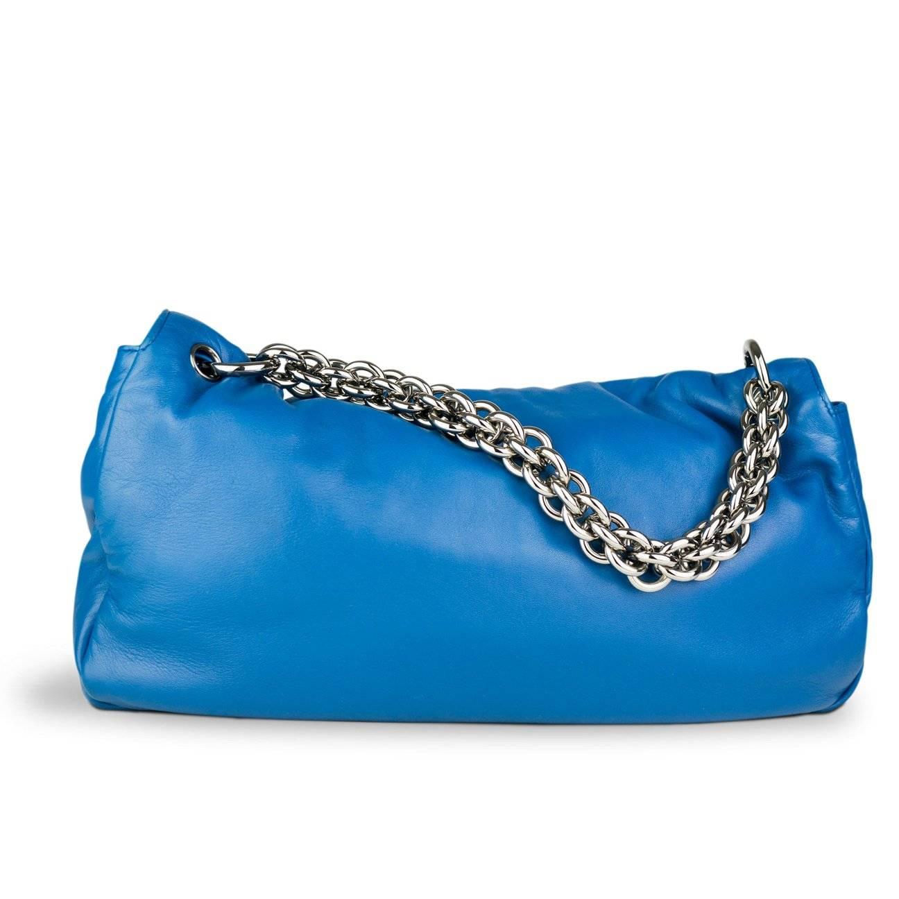 Blue Chanel extra thick chunky chain large blue soft lambskin classic flap shoulder For Sale