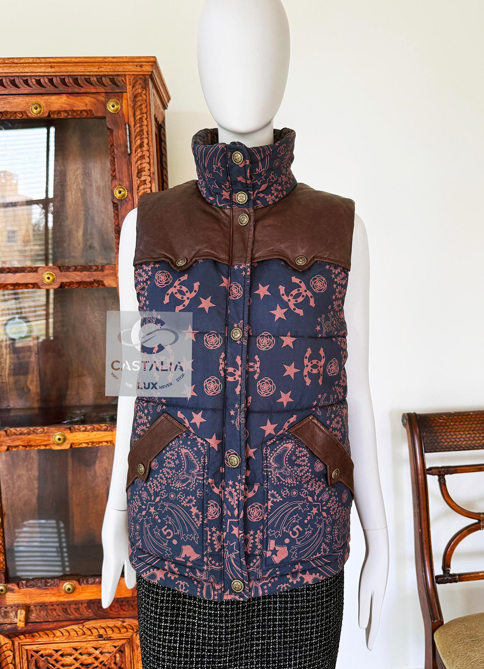 Extremely rare, collectors Chanel CC Logo Starts Vest ~ from Paris / DALLAS Collection ~ by Maestro Lagerfeld
- CC logo buttons with Stars
- CC Logo and Stars pattern allover
- brown leather accents at shoulders, pockets
- front zipper