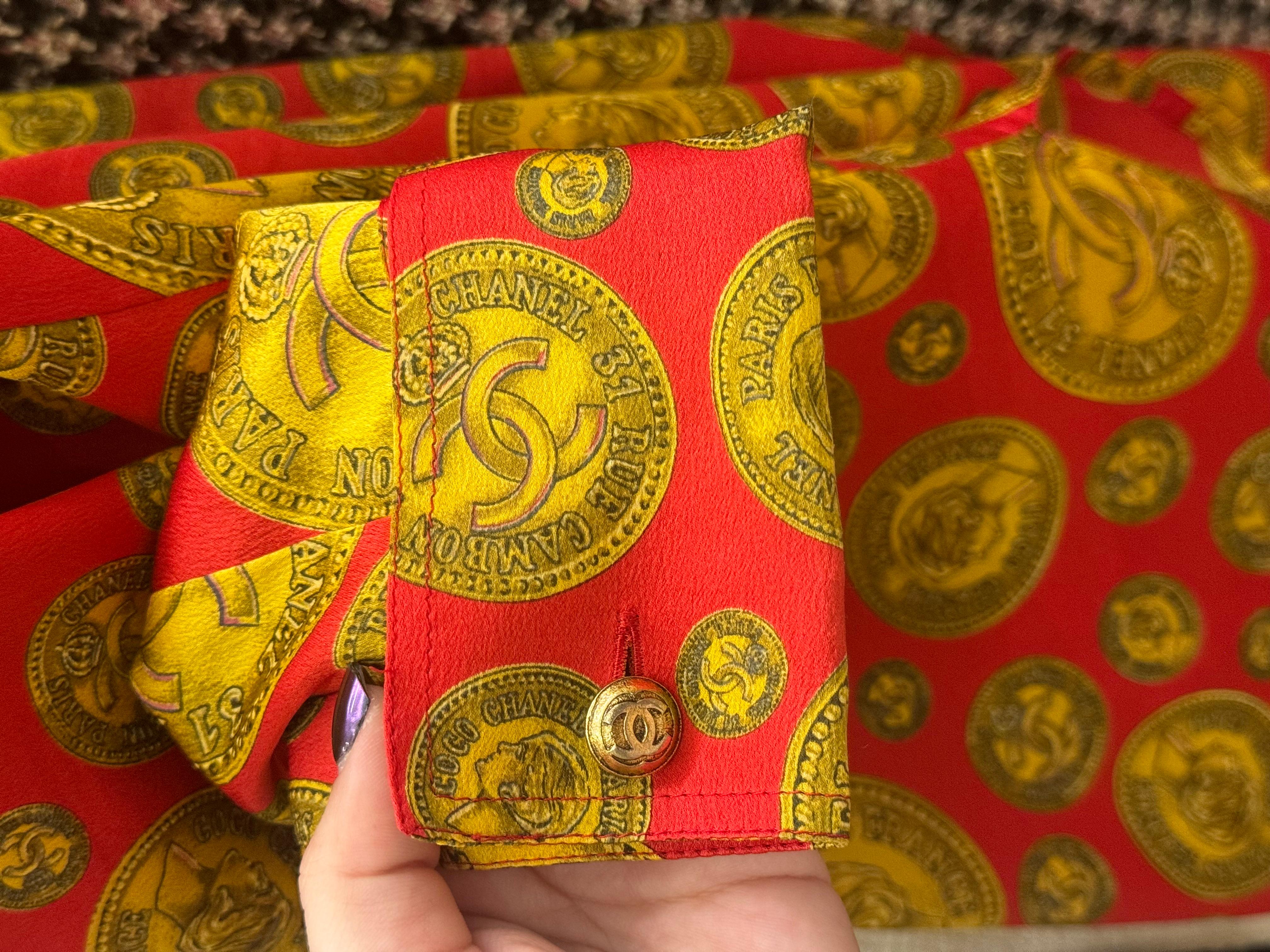 Chanel F/W 1985 coin print red and gold collector silk shirt For Sale 7