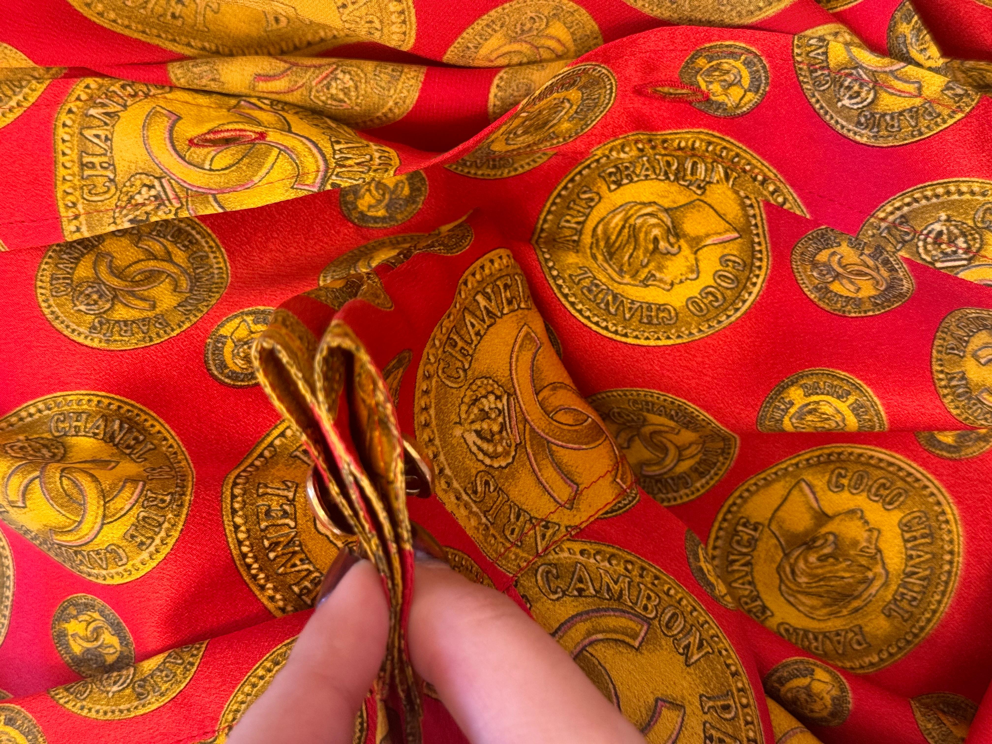 Chanel F/W 1985 coin print red and gold collector silk shirt For Sale 9