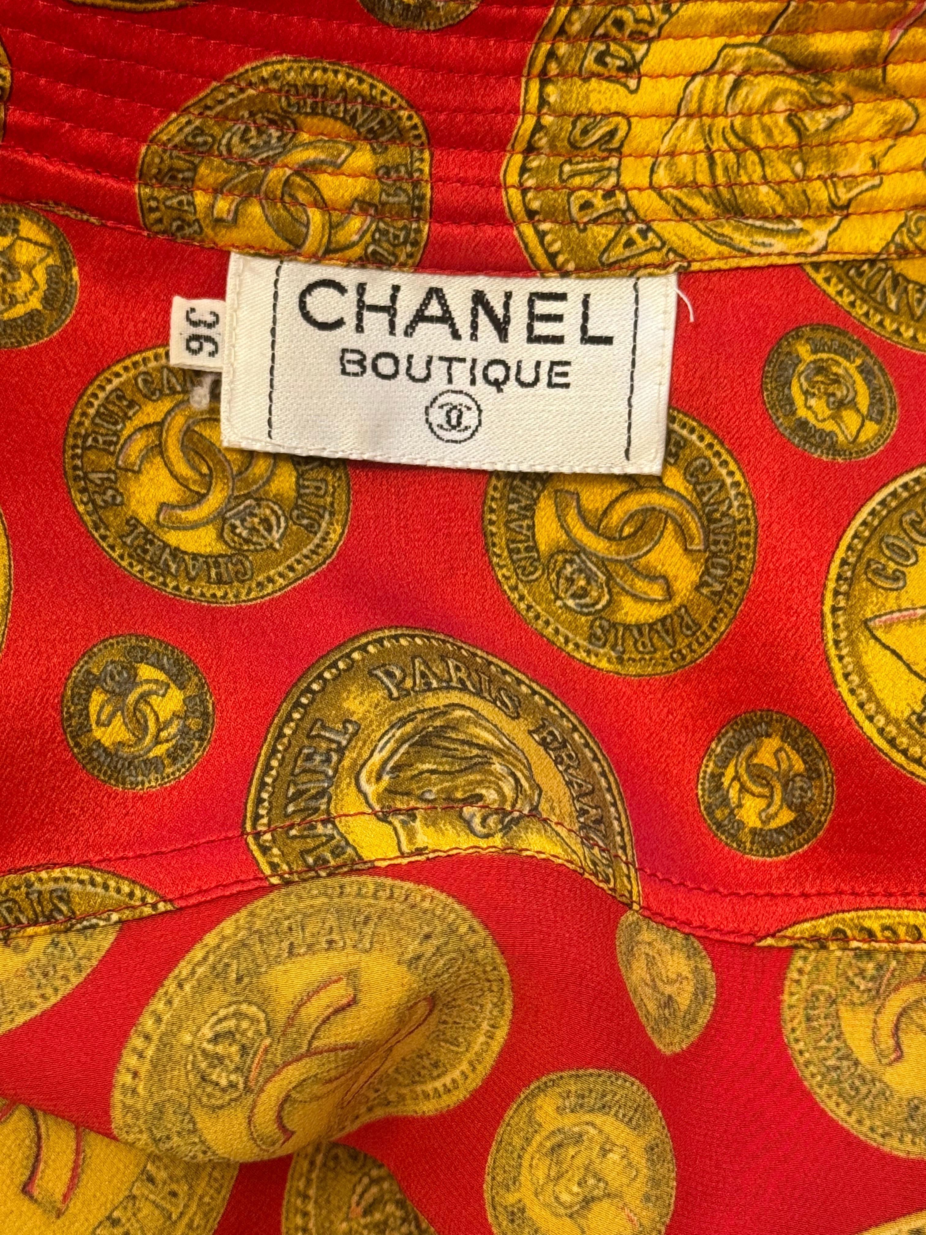 Brown Chanel F/W 1985 coin print red and gold collector silk shirt For Sale