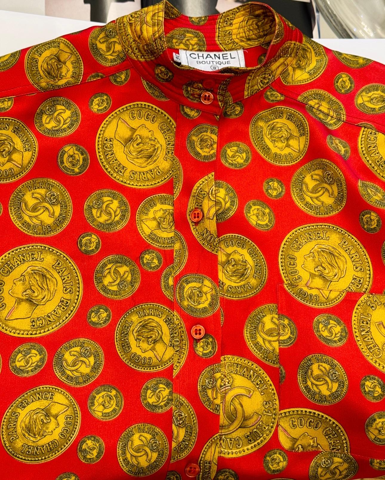 Women's or Men's Chanel F/W 1985 coin print red and gold collector silk shirt For Sale