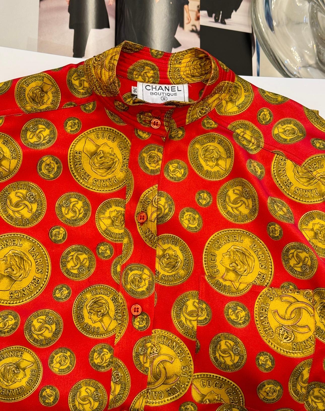 Chanel F/W 1985 coin print red and gold collector silk shirt For Sale 3