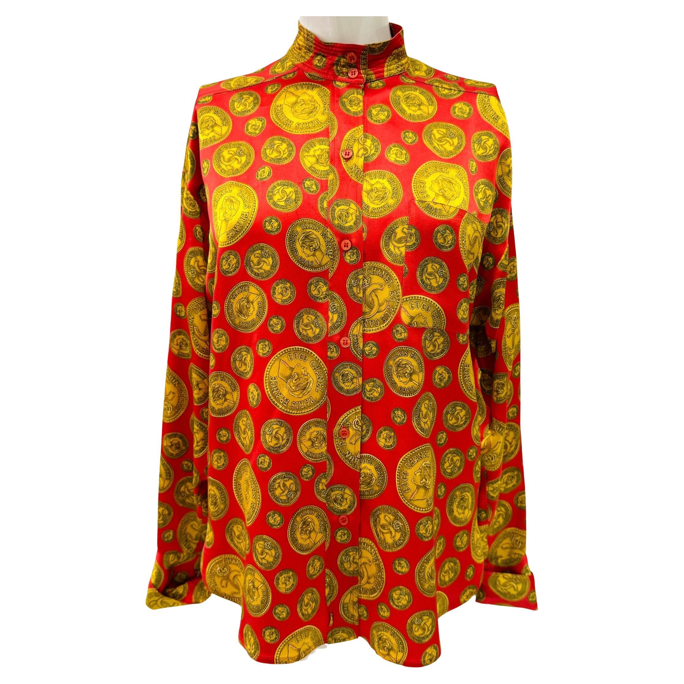 Chanel F/W 1985 coin print red and gold collector silk shirt For Sale