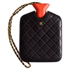 Chanel F/W 1993 Black Quilted Lambskin Red 24K Gold-Plated Hot Water Bottle