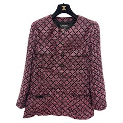 Vintage Chanel F/W 1995 black and pink tweed logo buttons jacket by Karl Lagerfeld