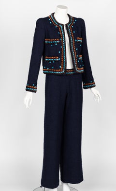 Chanel F/W 1997 Navy Boucle Cropped Jacket Pants Suit