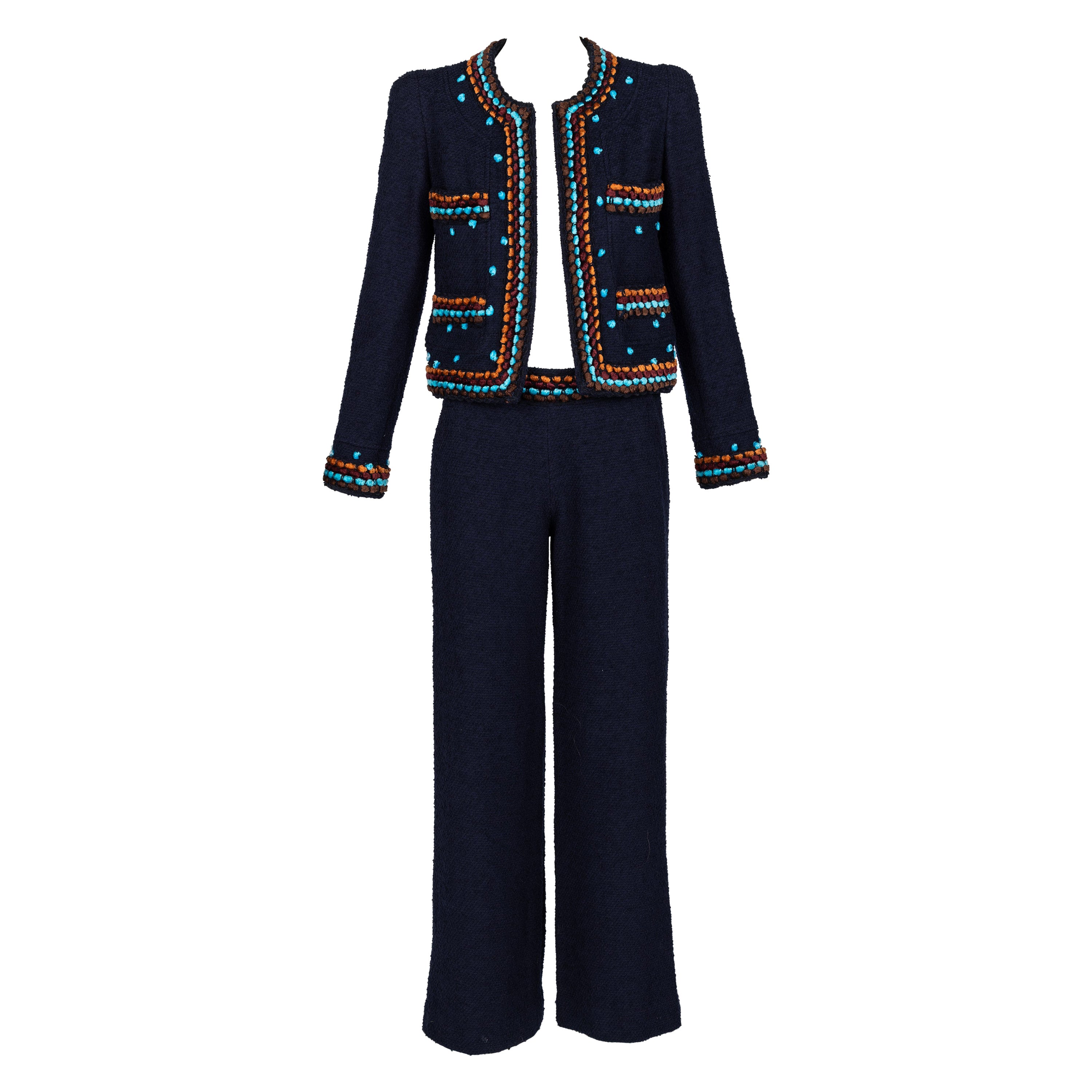 Chanel A/I 1997 Abito con giacca e pantaloni in bouclé blu scuro