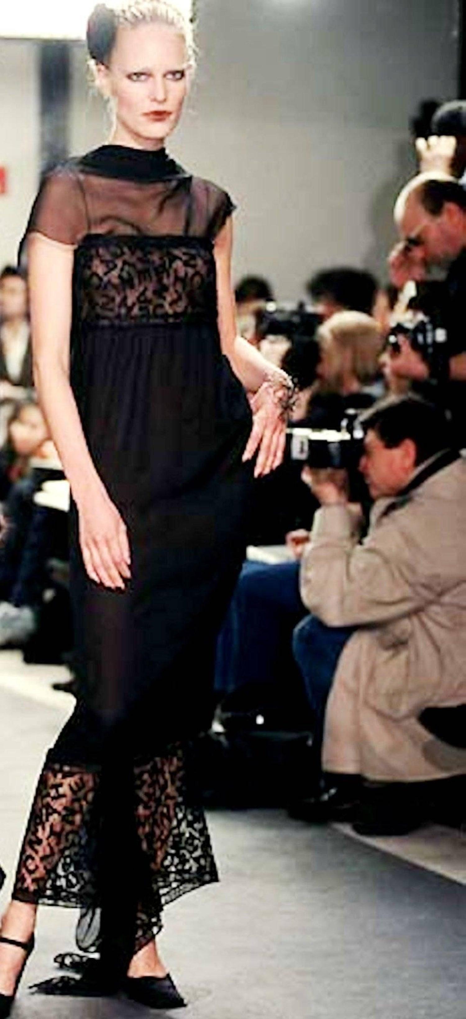 Chanel F/W 1998 Runway Vintage CC Logo Sheer Lace Silk Black Evening Dress Gown 12