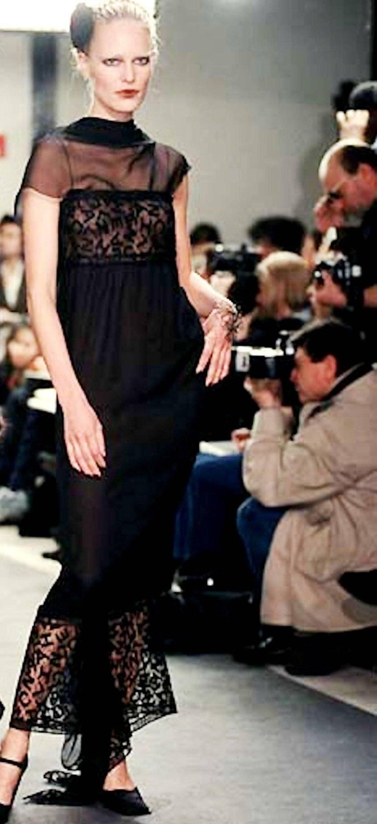 Chanel F/W 1998 Runway Vintage CC Logo Sheer Lace Silk Black Evening Dress  Gown