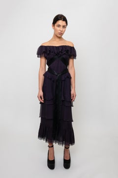 Chanel F/W 2003 Plum Silk Off the Shoulder Ruffle Dropped Waist Dress