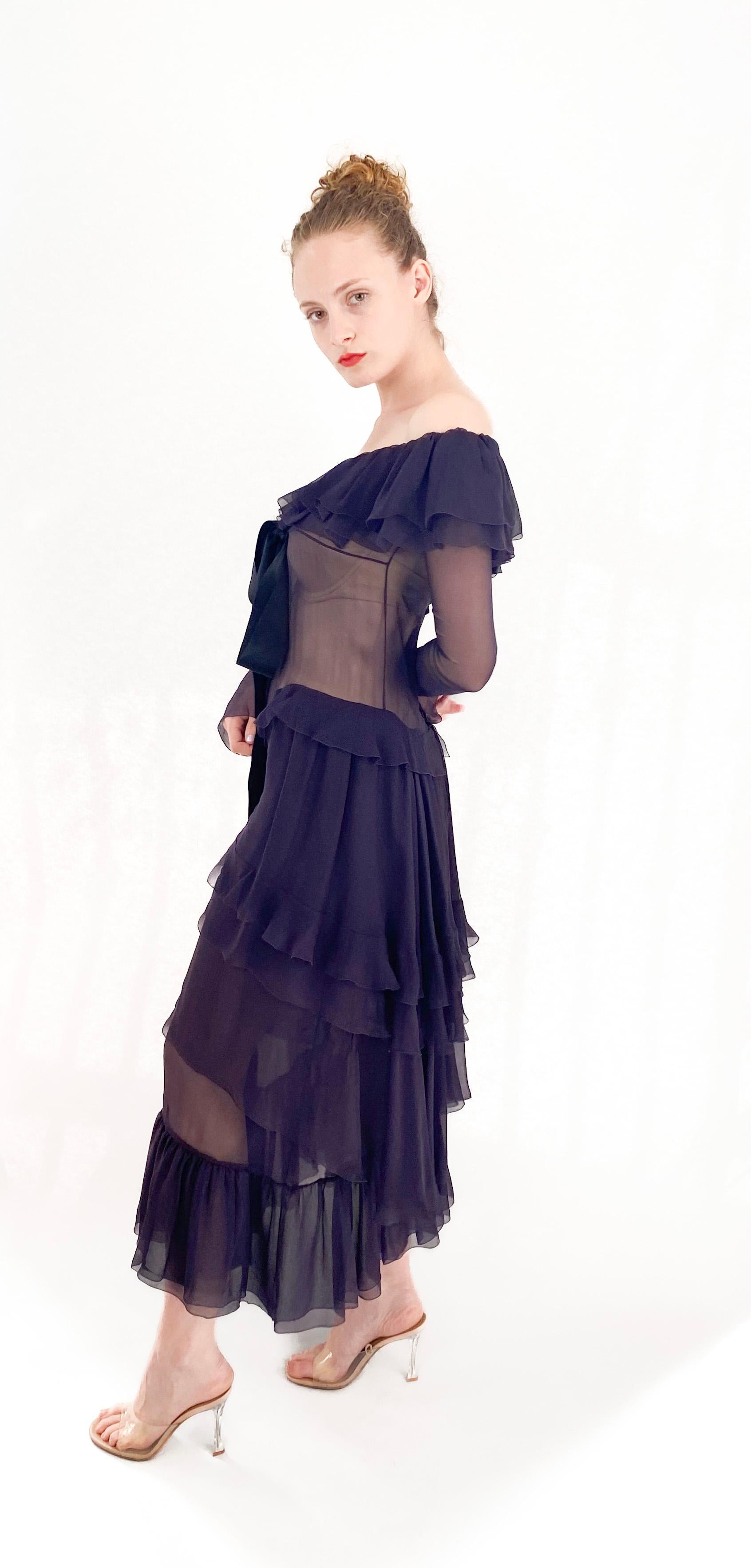 Black Chanel F/W 2003 Plum Silk Off the Shoulder Ruffle Dropped Waist Dress