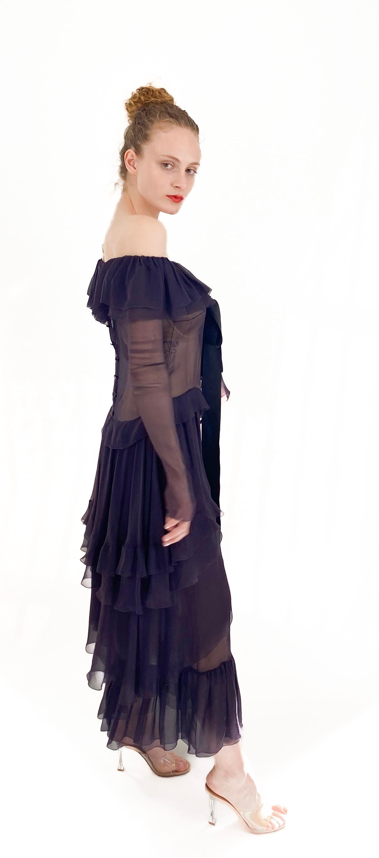 Chanel F/W 2003 Plum Silk Off the Shoulder Ruffle Dropped Waist Dress In Good Condition In Los Angeles, CA