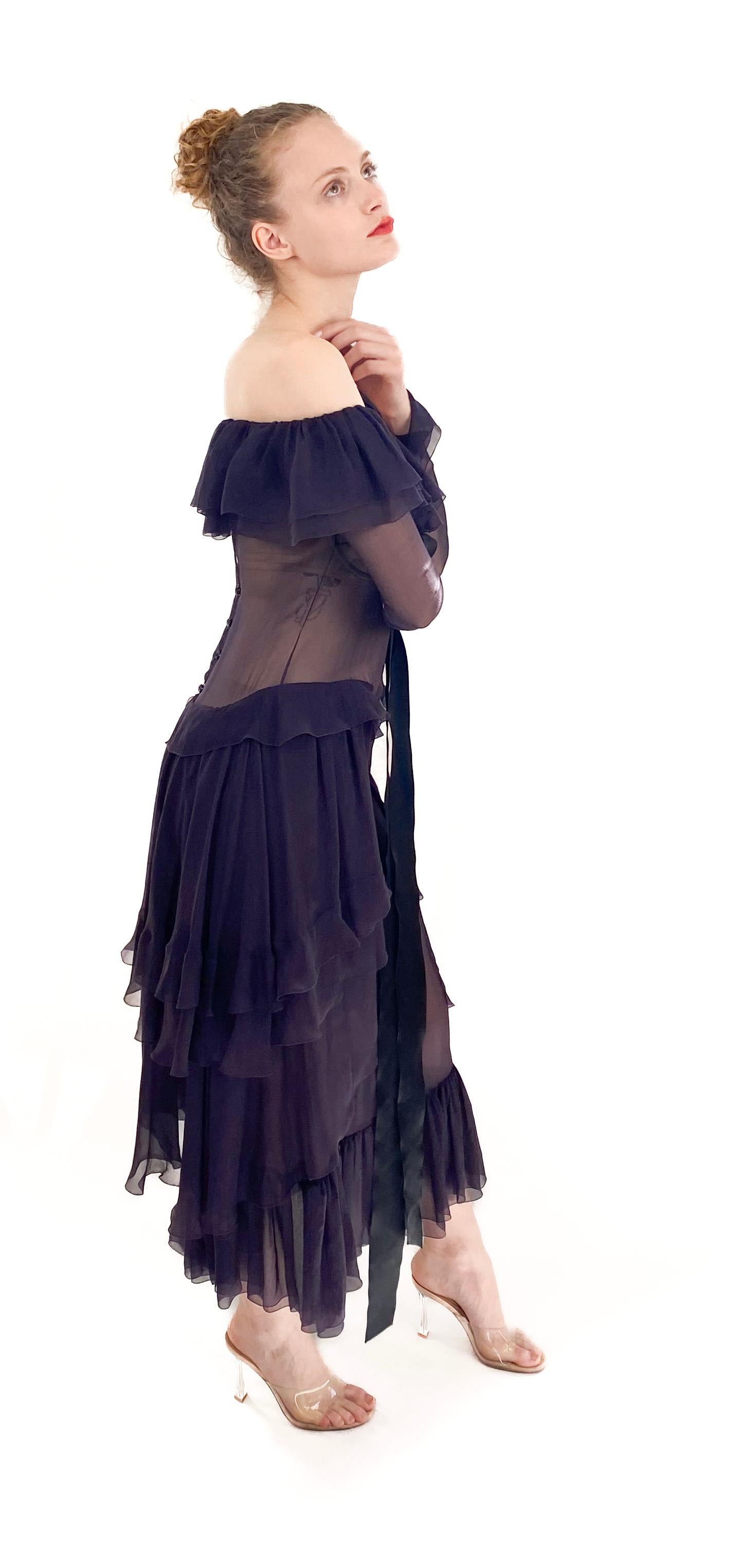 Women's Chanel F/W 2003 Plum Silk Off the Shoulder Ruffle Dropped Waist Dress