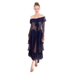 Chanel F/W 2003 Plum Silk Off the Shoulder Ruffle Dropped Waist Dress