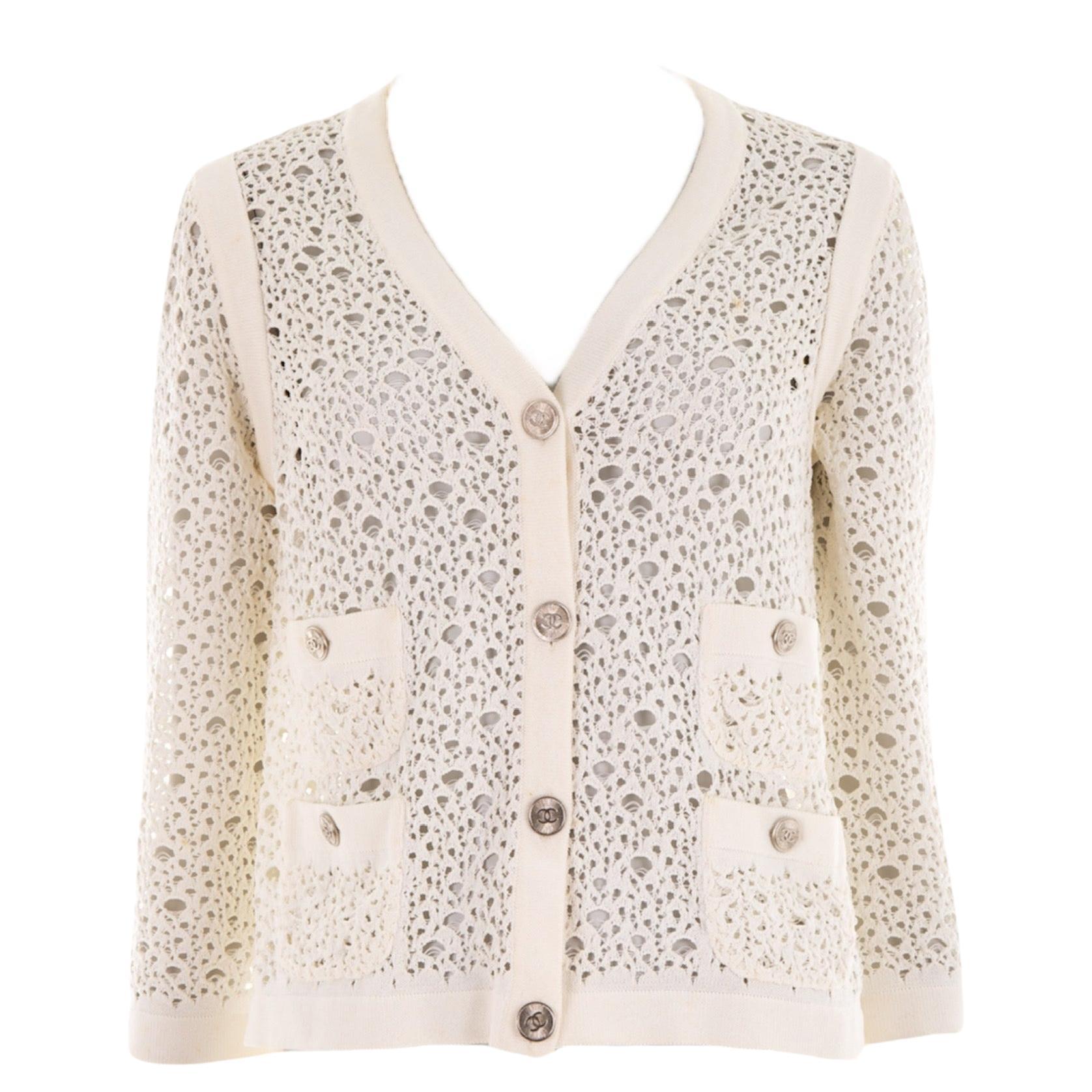 CHANEL cropped white cardigan with CC buttons at 1stDibs