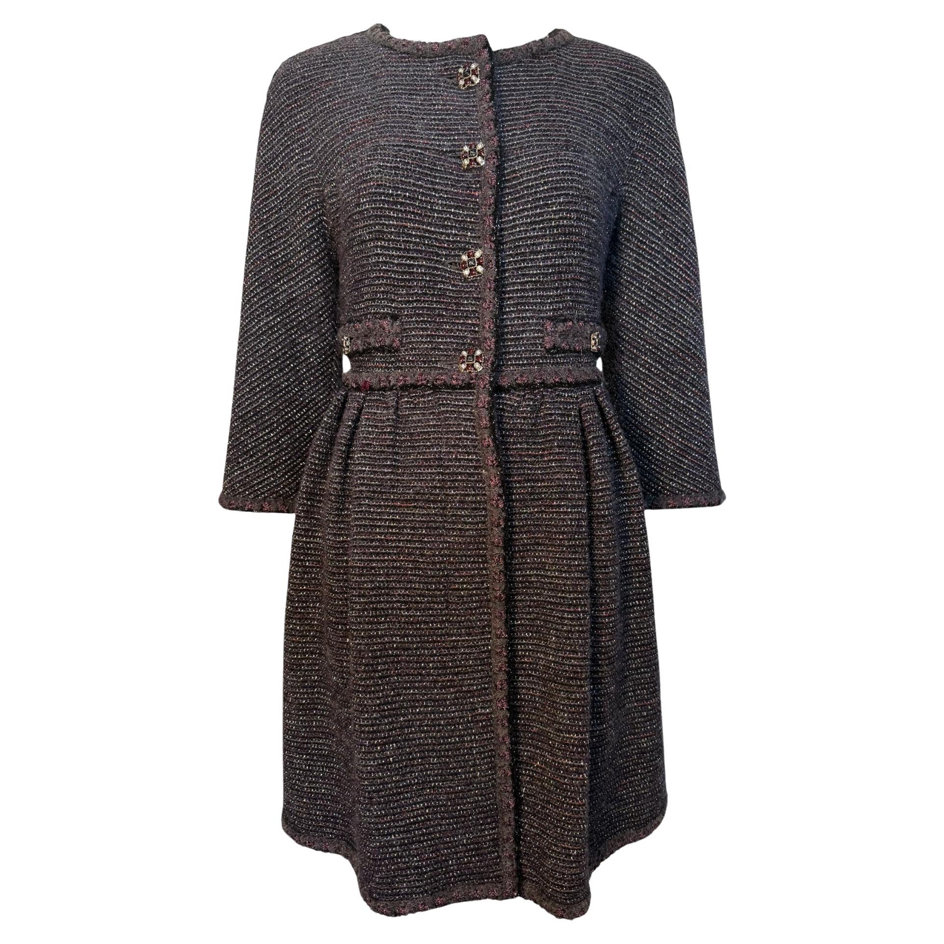 Chanel F/W 2011 Metallic Grey, Violet, Burgundy Wool Boucle Knit Coat For Sale