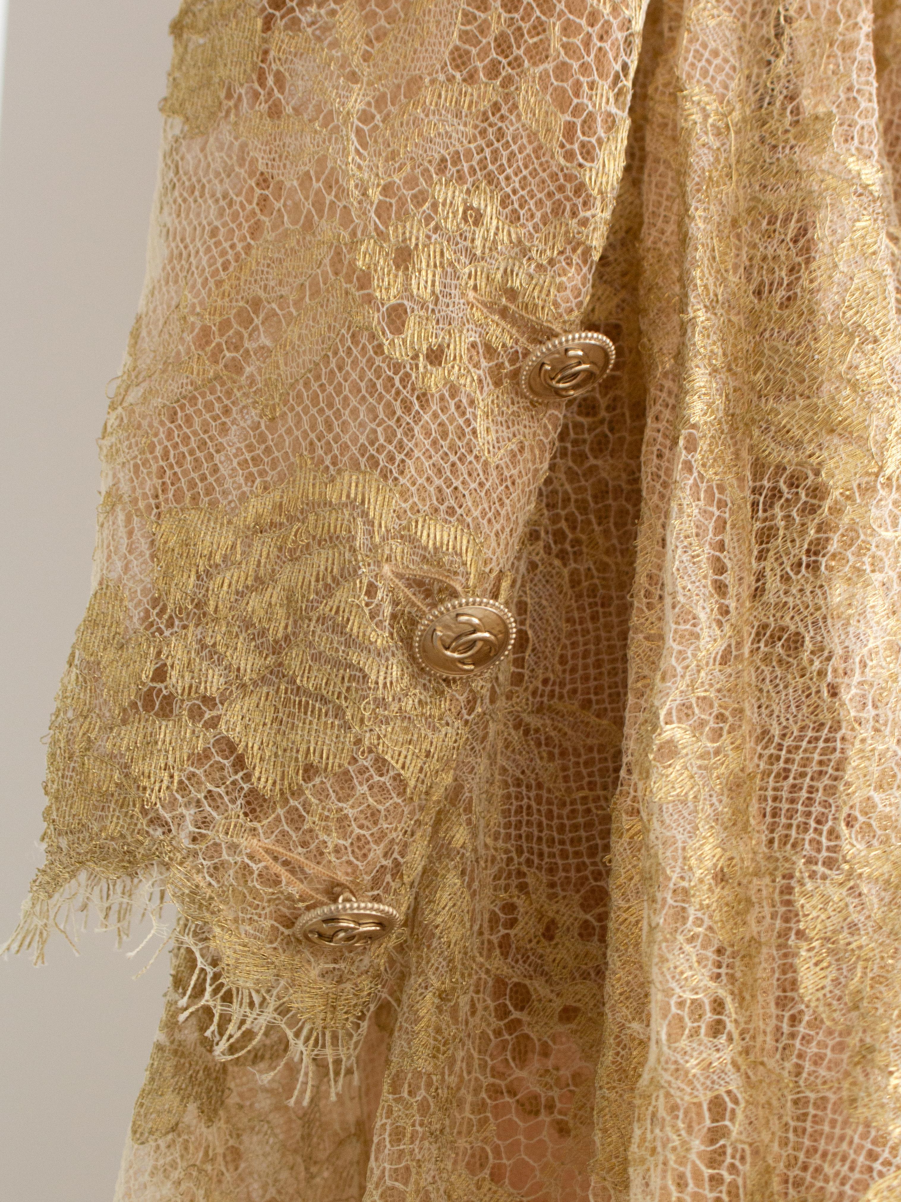 Chanel F/W 2020 Metiers D'Art Shimmery Gold Beige Lace Top Skirt 20A Suit 7