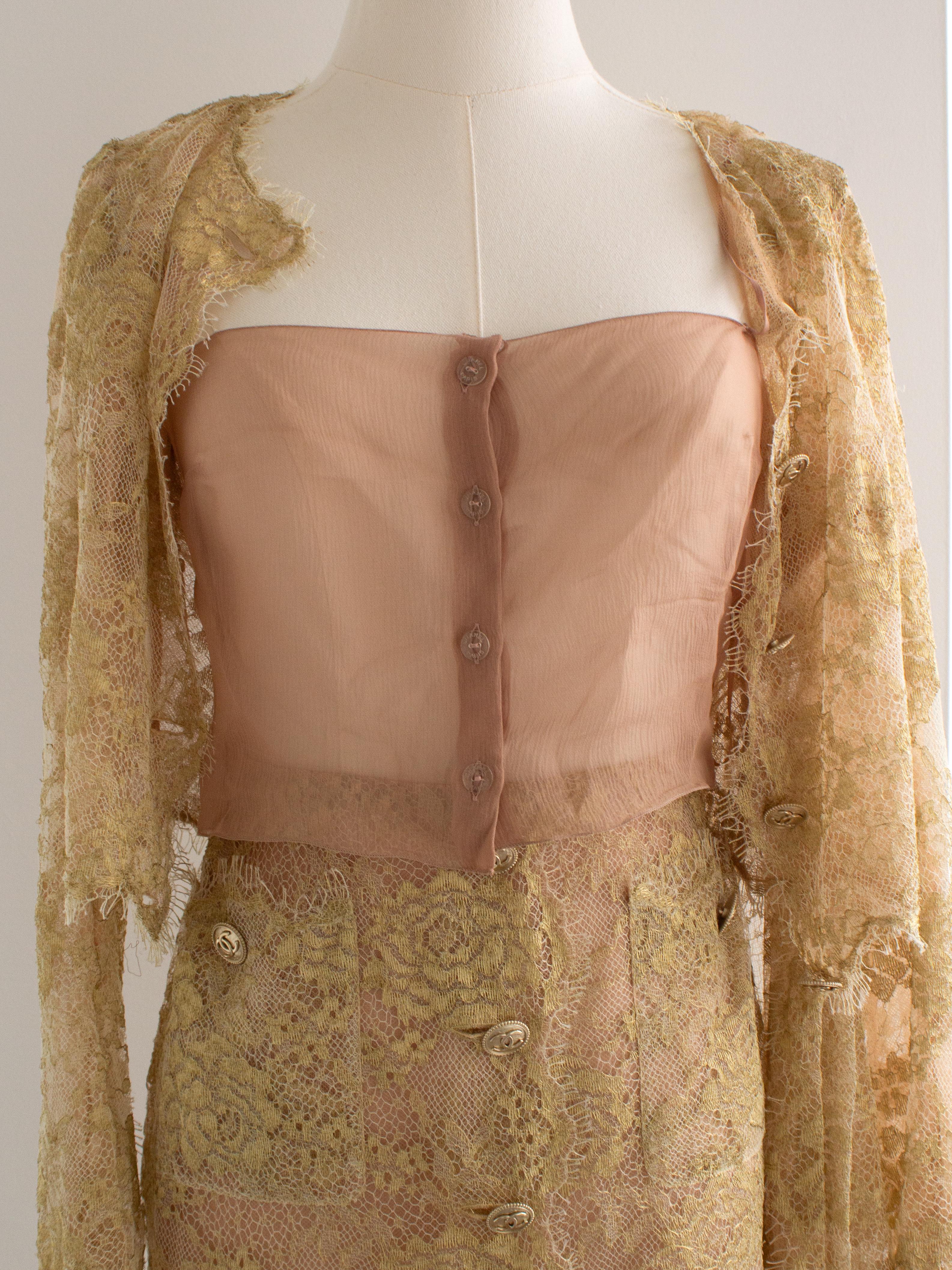 Chanel F/W 2020 Metiers D'Art Shimmery Gold Beige Lace Top Skirt 20A Suit 9