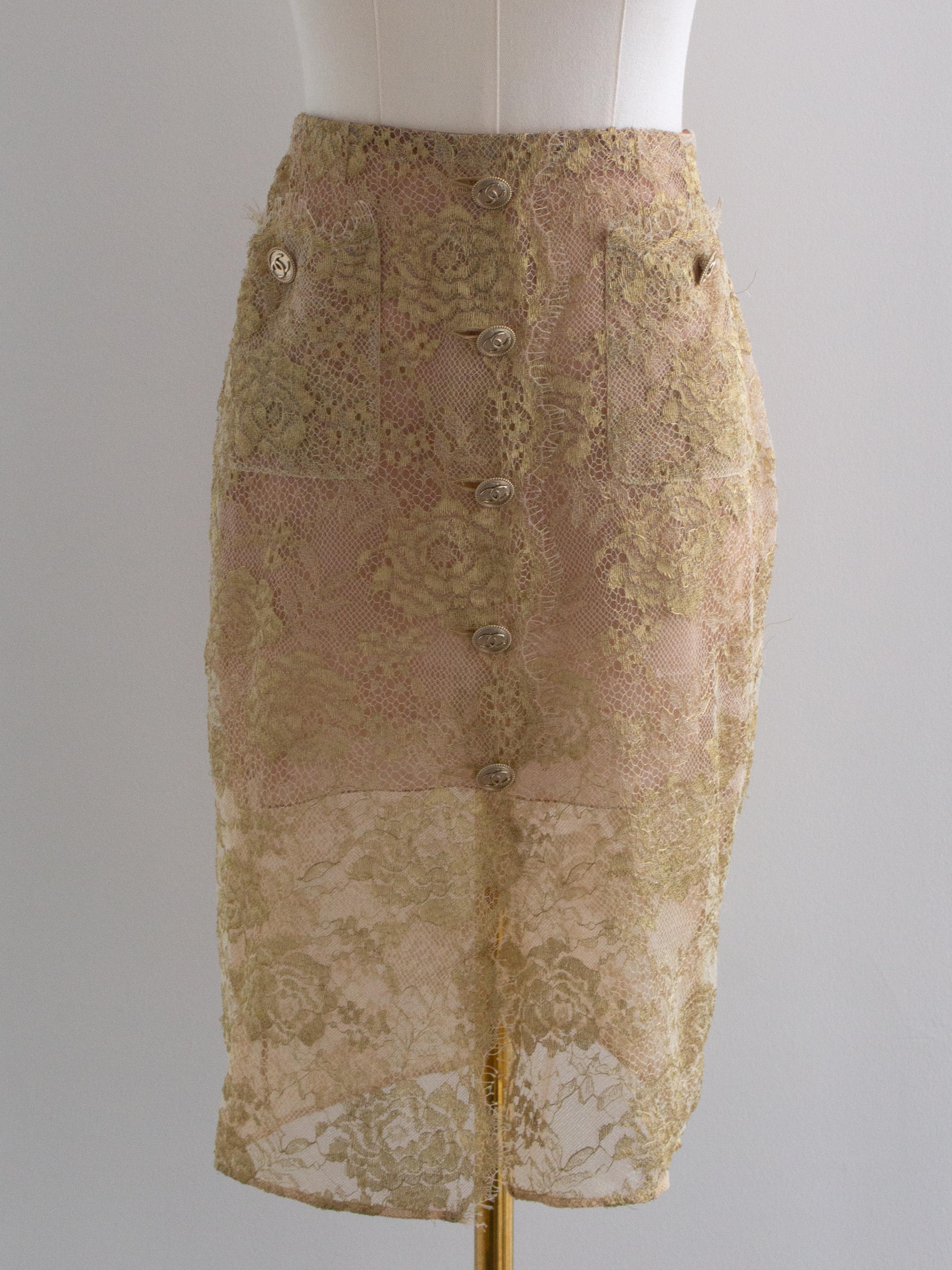 Chanel F/W 2020 Metiers D'Art Shimmery Gold Beige Lace Top Skirt 20A Suit 14