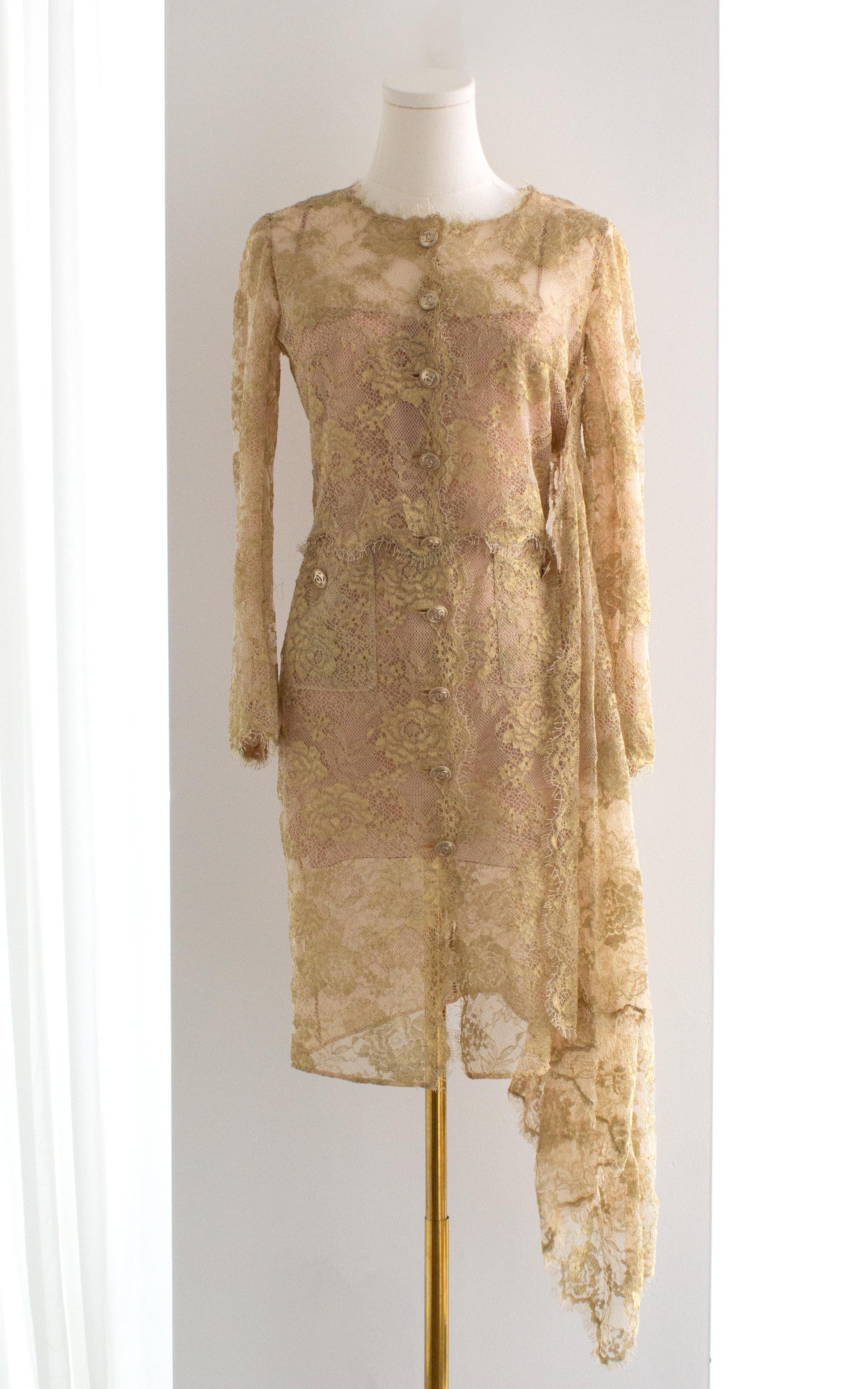 Chanel F/W 2020 Metiers D'Art Shimmery Gold Beige Lace Top Skirt 20A Suit 2