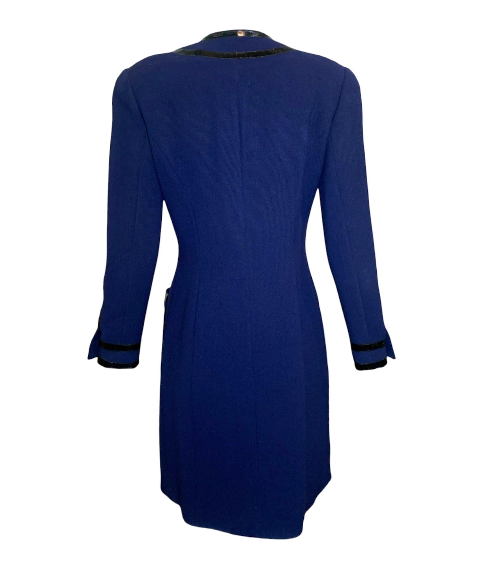 Black Chanel F/W Tailored Navy Blue Coat with Patent Leather Trim, 1991 For Sale