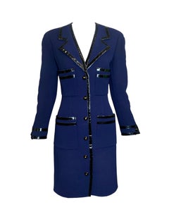 Chanel F/W Tailored Navy Blue Coat with Patent Leather Trim, 1991