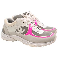 Chanel Fabric and Suede CalfSkin Sneakers with Neon Pink Trim 39.5