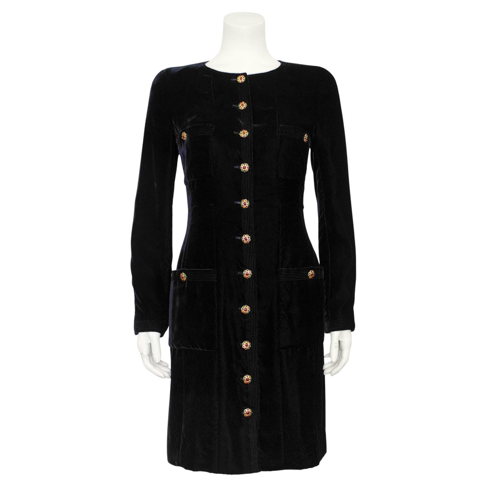 Chanel Fall 1986 Black Velvet Dress with Gripoix Buttons