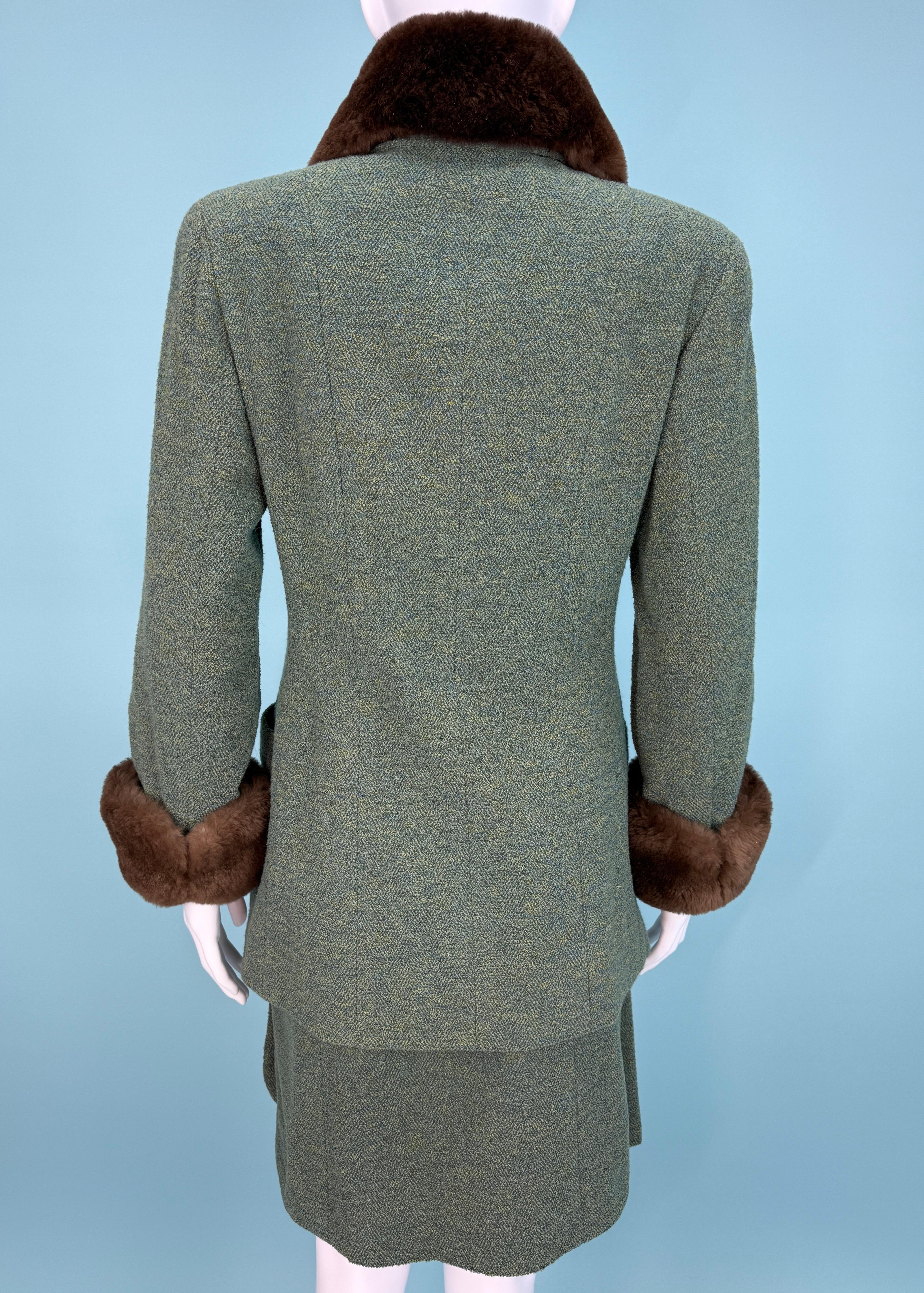 Gray Chanel Fall 1989 Runway Green Boucle Fur Pom Trim Jacket & Skirt Suit Set For Sale