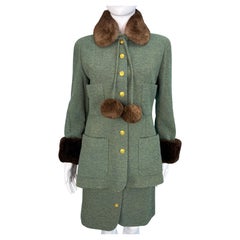 Chanel Fall 1989 Runway Green Boucle Fur Pom Trim Jacket & Skirt Suit Set