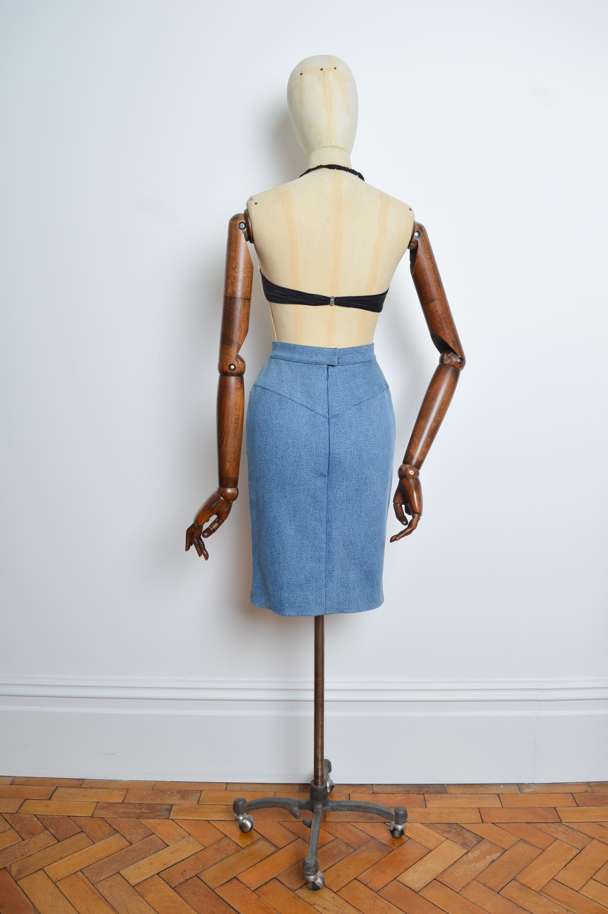 CHANEL fall 1991 by Karl Lagerfeld Blue Denim high waisted pencil skirt For Sale 6