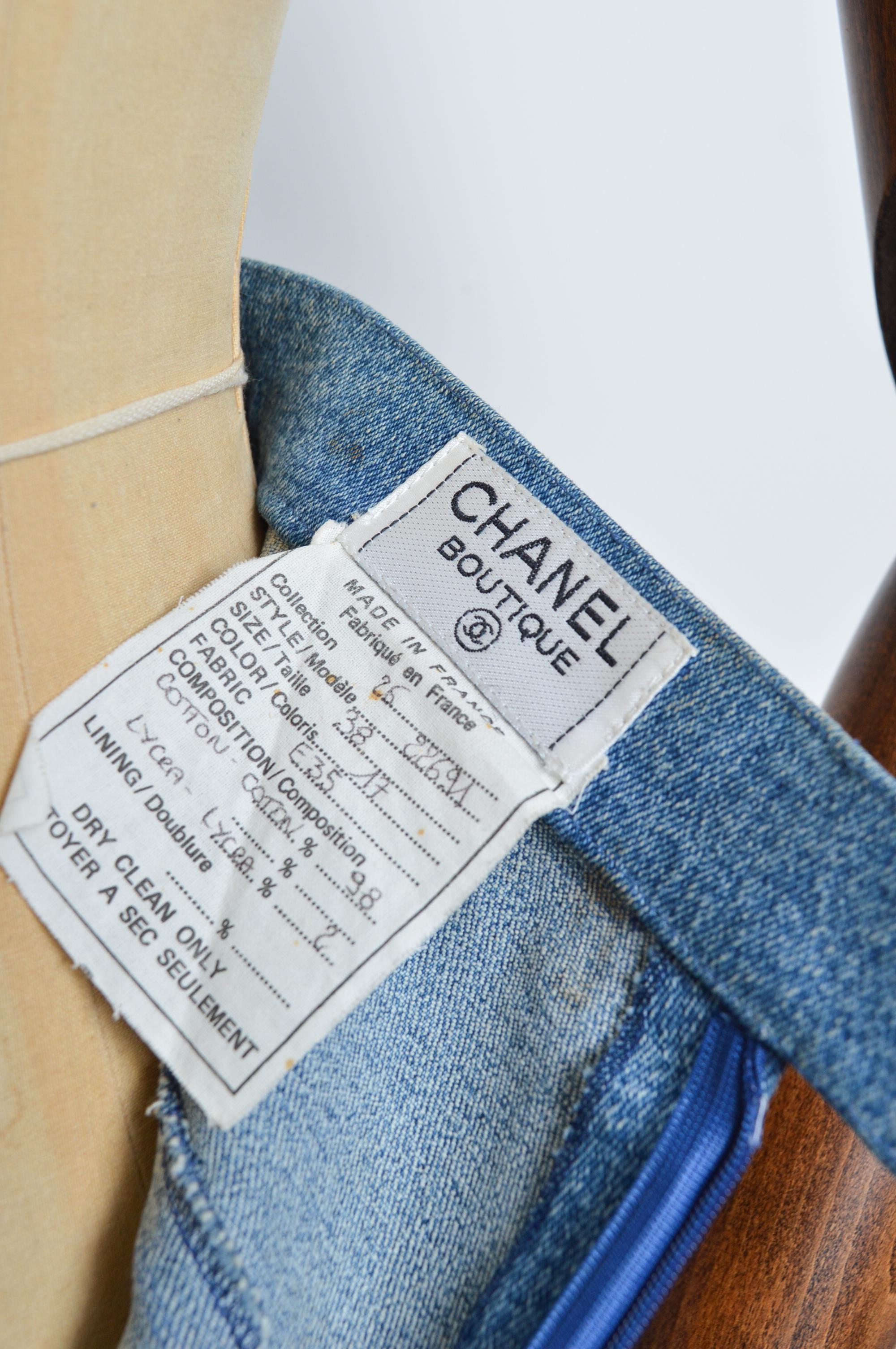 CHANEL fall 1991 by Karl Lagerfeld Blue Denim high waisted pencil skirt For Sale 9