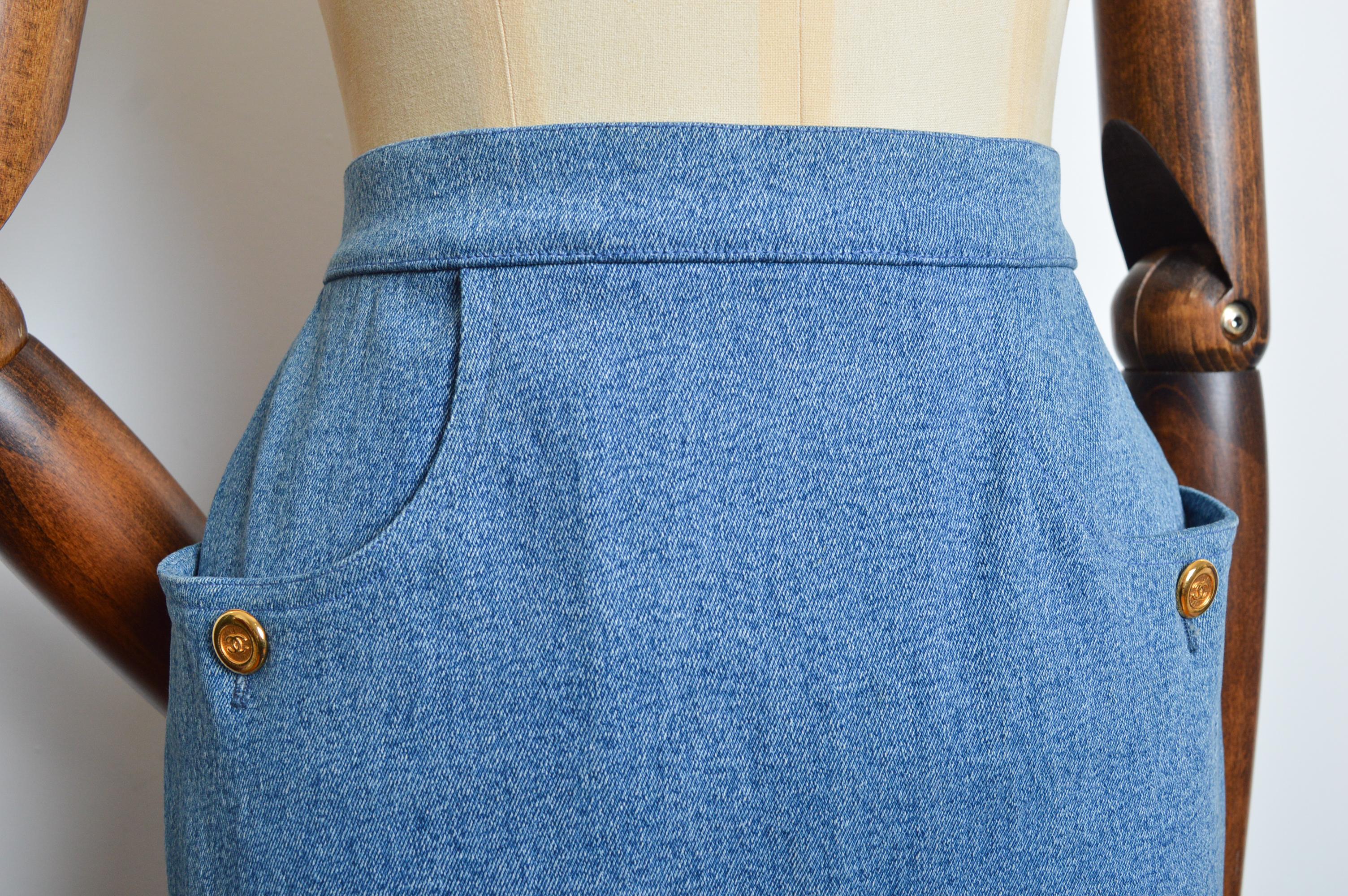 CHANEL fall 1991 by Karl Lagerfeld Blue Denim high waisted pencil skirt For Sale 10