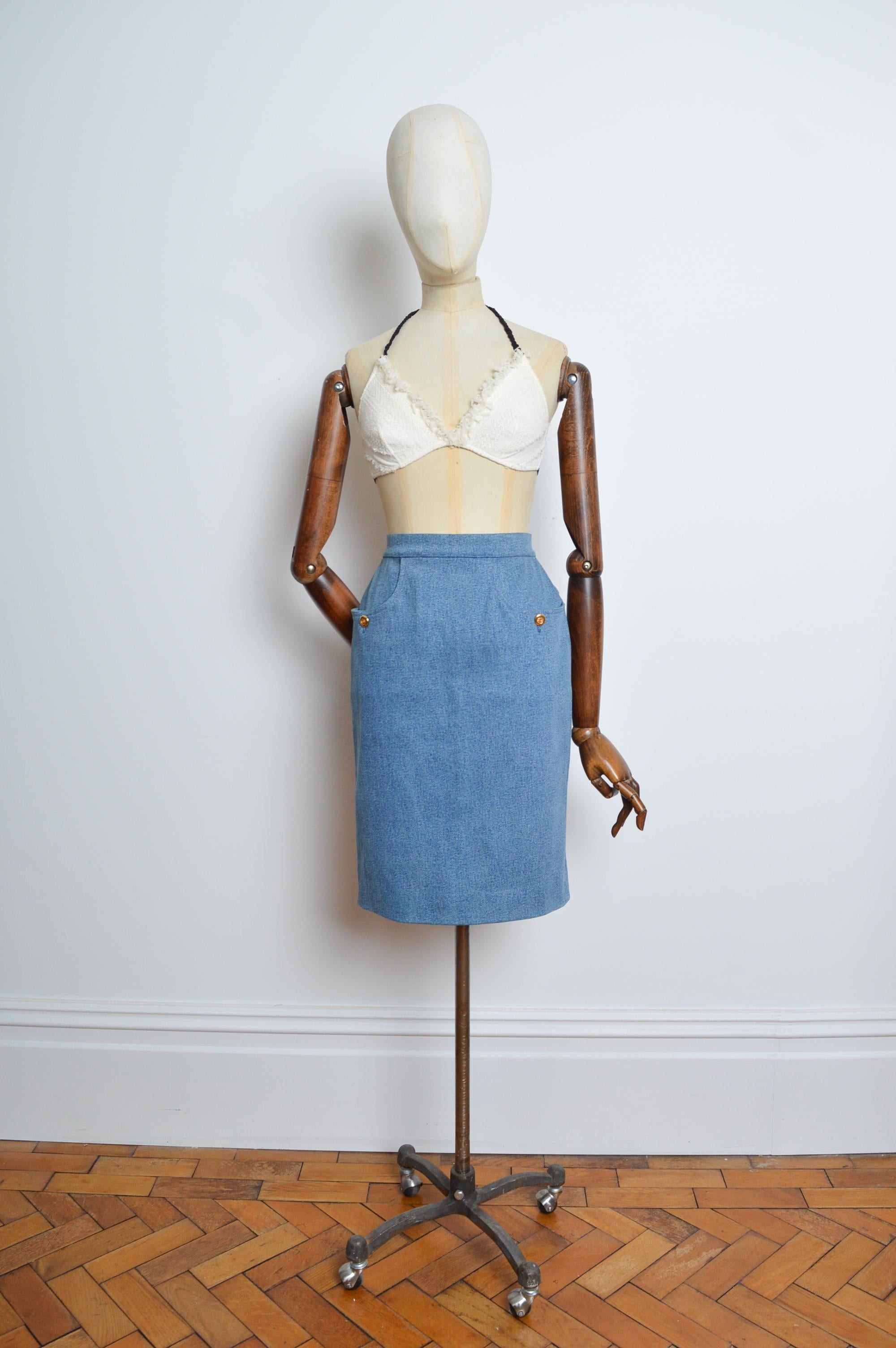 CHANEL fall 1991 by Karl Lagerfeld Blue Denim high waisted pencil skirt For Sale 12