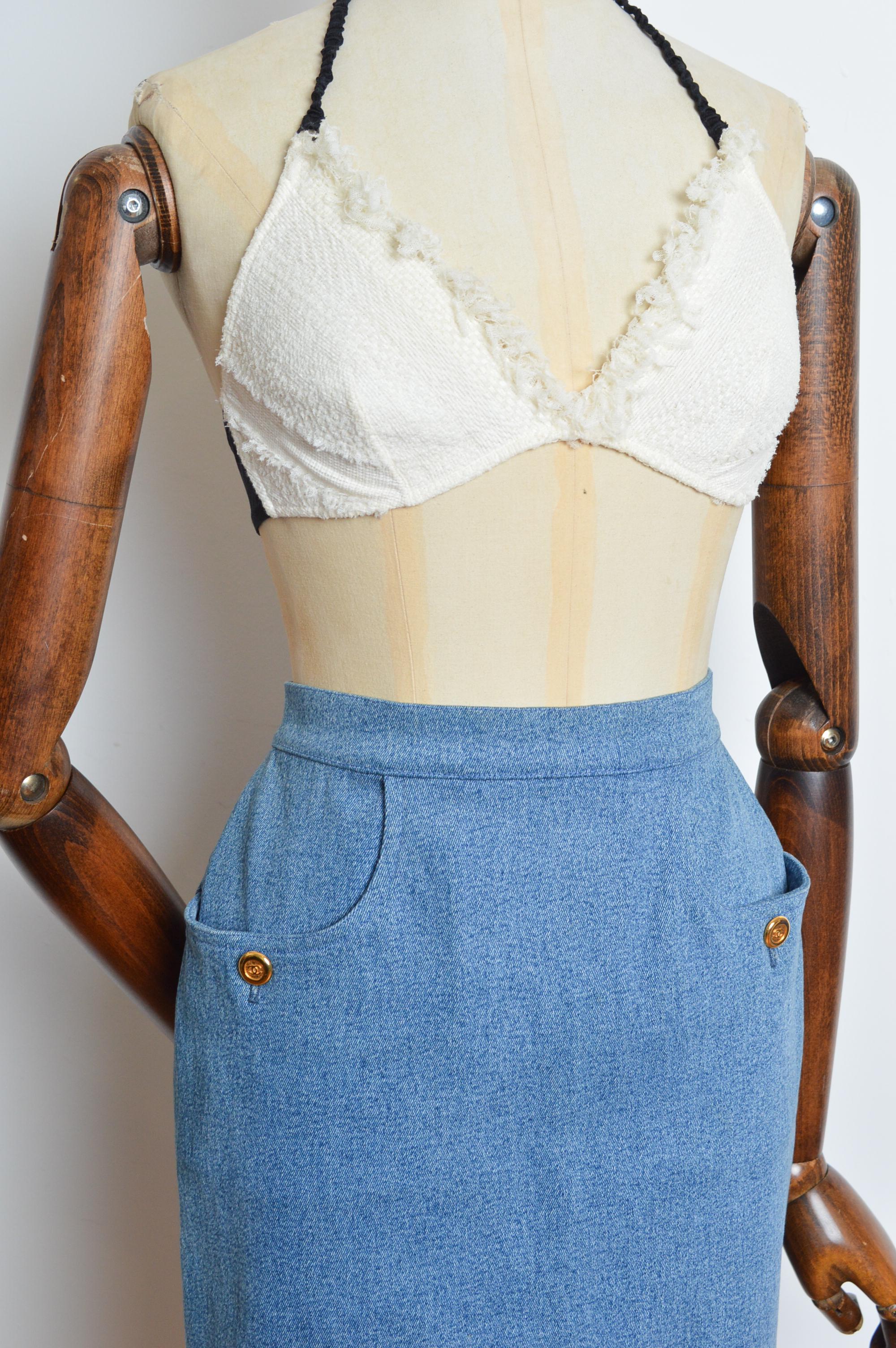CHANEL fall 1991 by Karl Lagerfeld Blue Denim high waisted pencil skirt For Sale 1