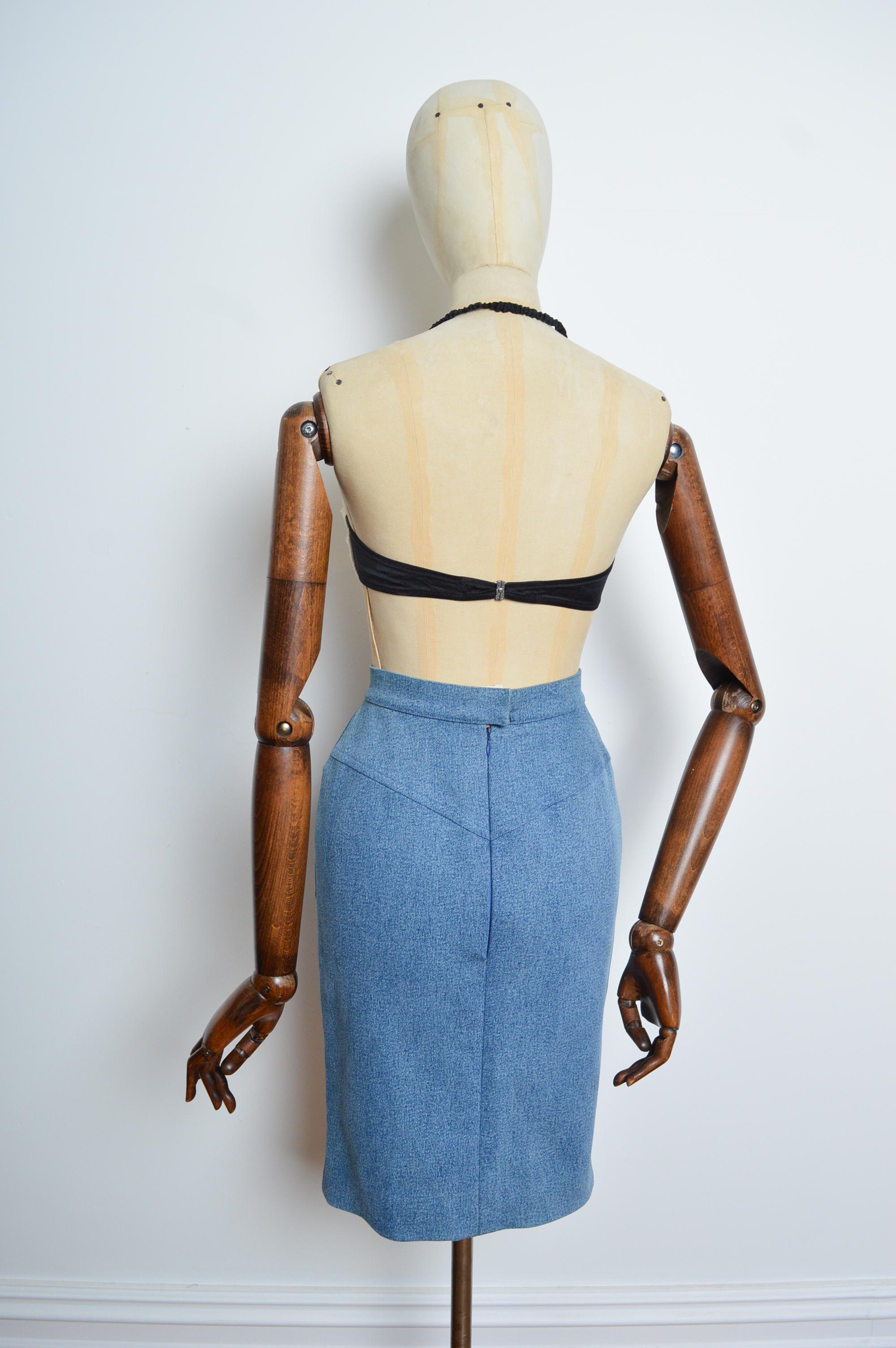 CHANEL fall 1991 by Karl Lagerfeld Blue Denim high waisted pencil skirt For Sale 3