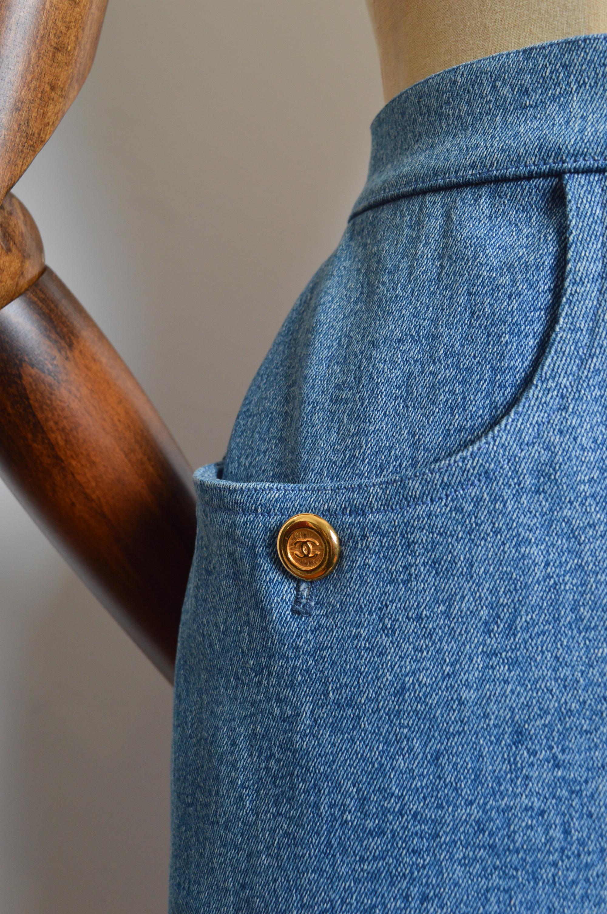 CHANEL fall 1991 by Karl Lagerfeld Blue Denim high waisted pencil skirt For Sale 4