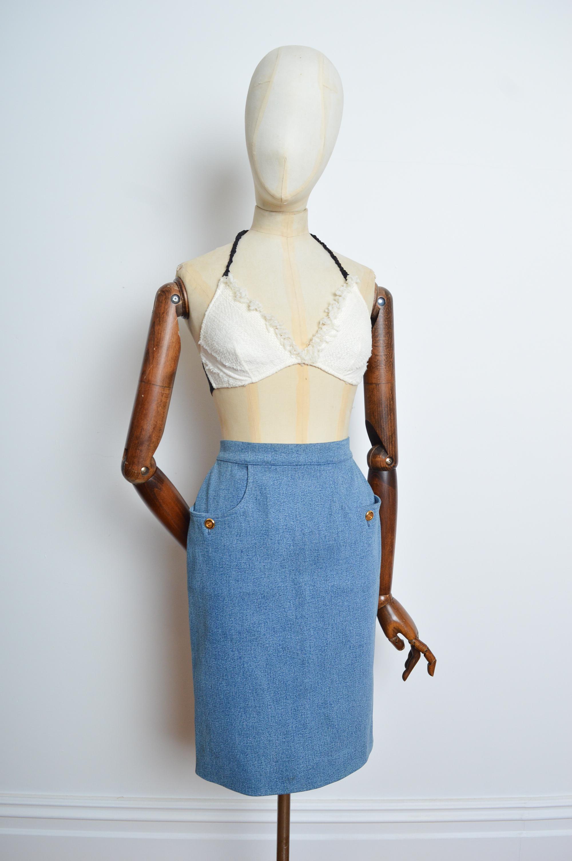 CHANEL fall 1991 by Karl Lagerfeld Blue Denim high waisted pencil skirt For Sale 5