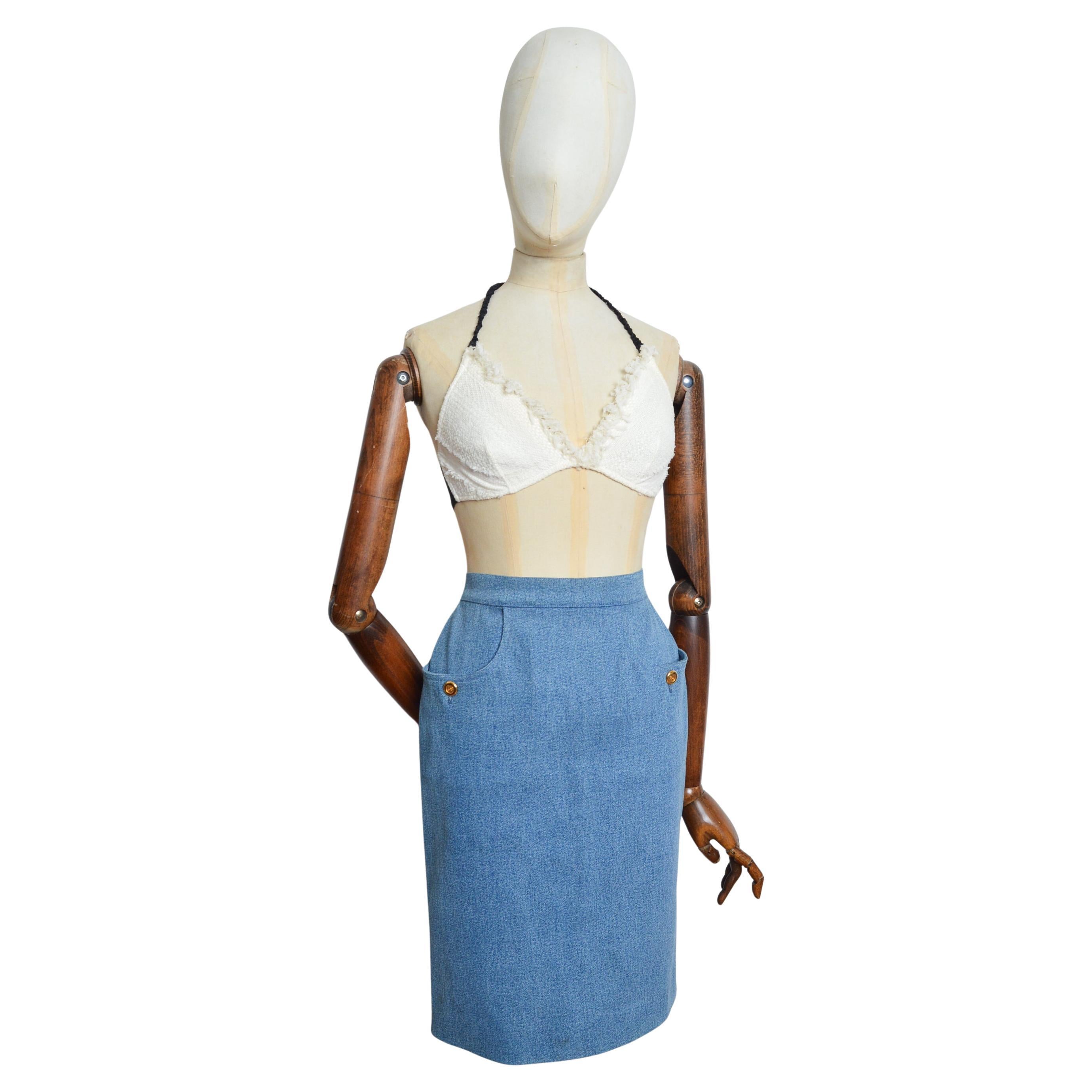 CHANEL fall 1991 by Karl Lagerfeld Blue Denim high waisted pencil skirt For Sale