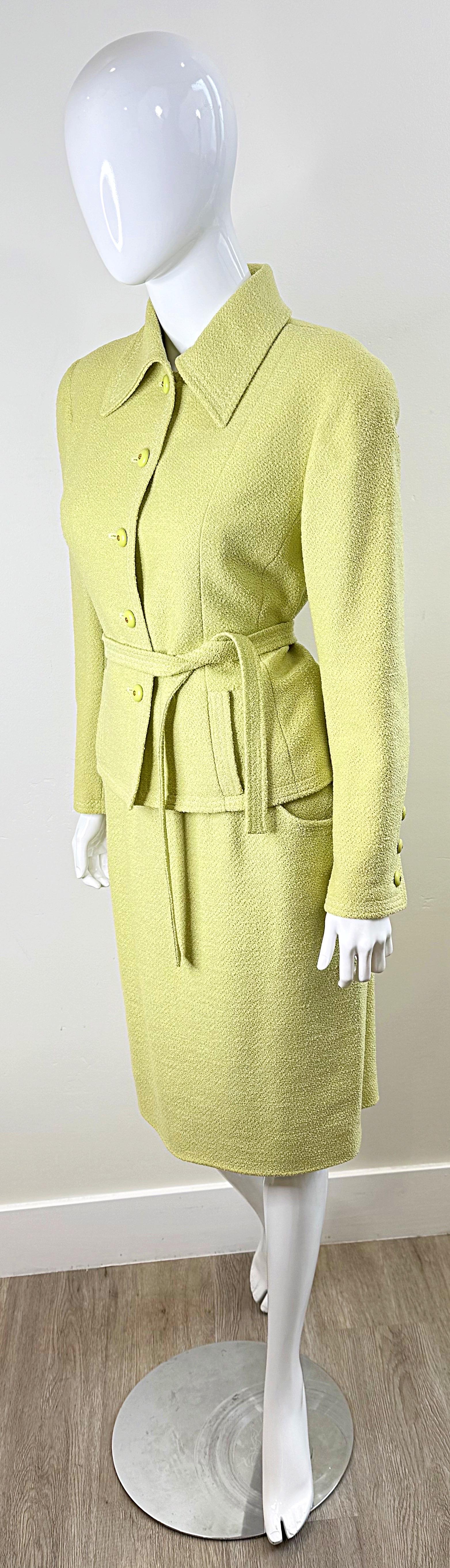 Chanel Fall 1991 Collection 28 Size 42 Lime Green Belted Vintage 90s Skirt Suit For Sale 6