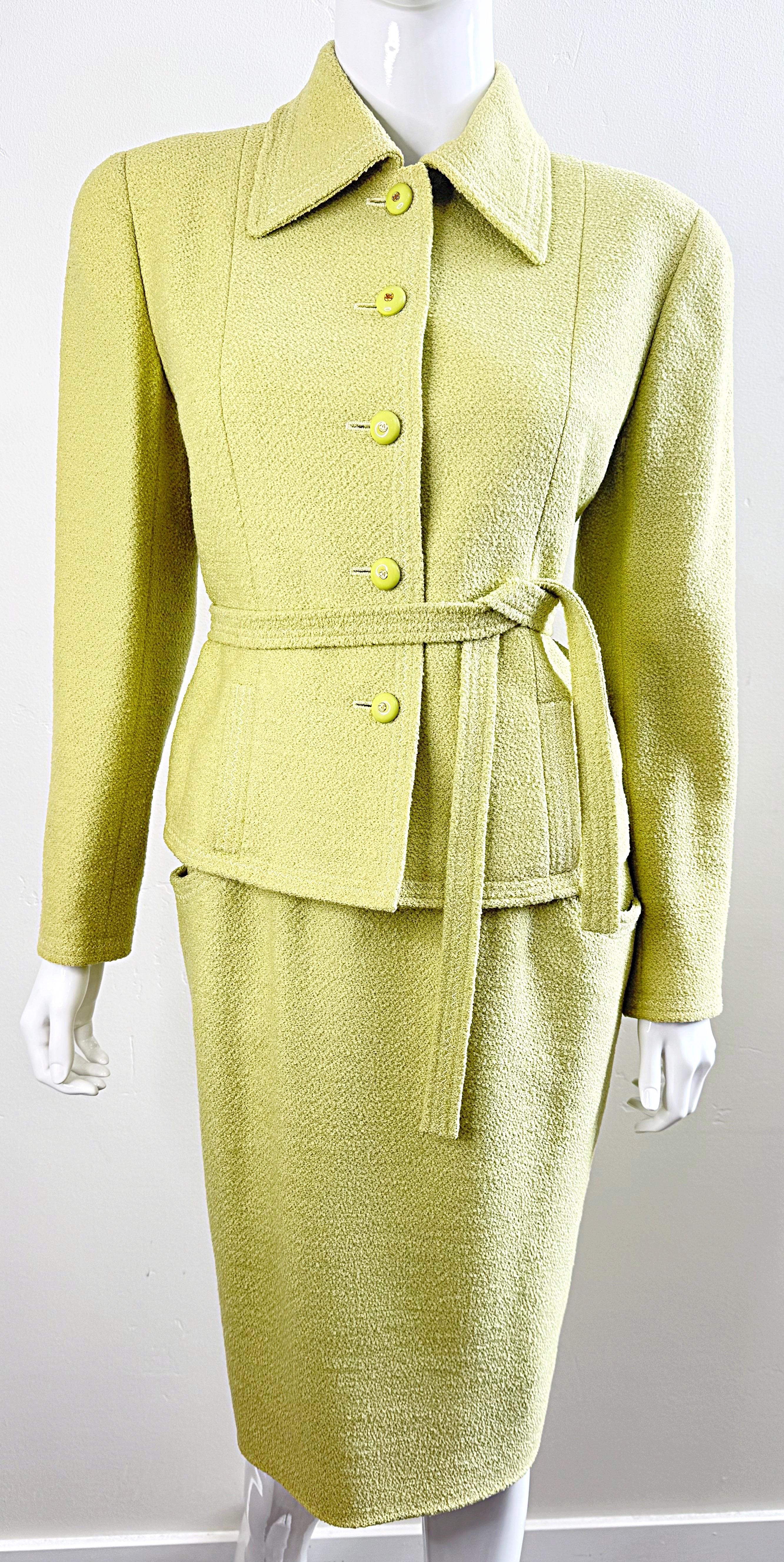 Chanel Fall 1991 Collection 28 Size 42 Lime Green Belted Vintage 90s Skirt Suit For Sale 7