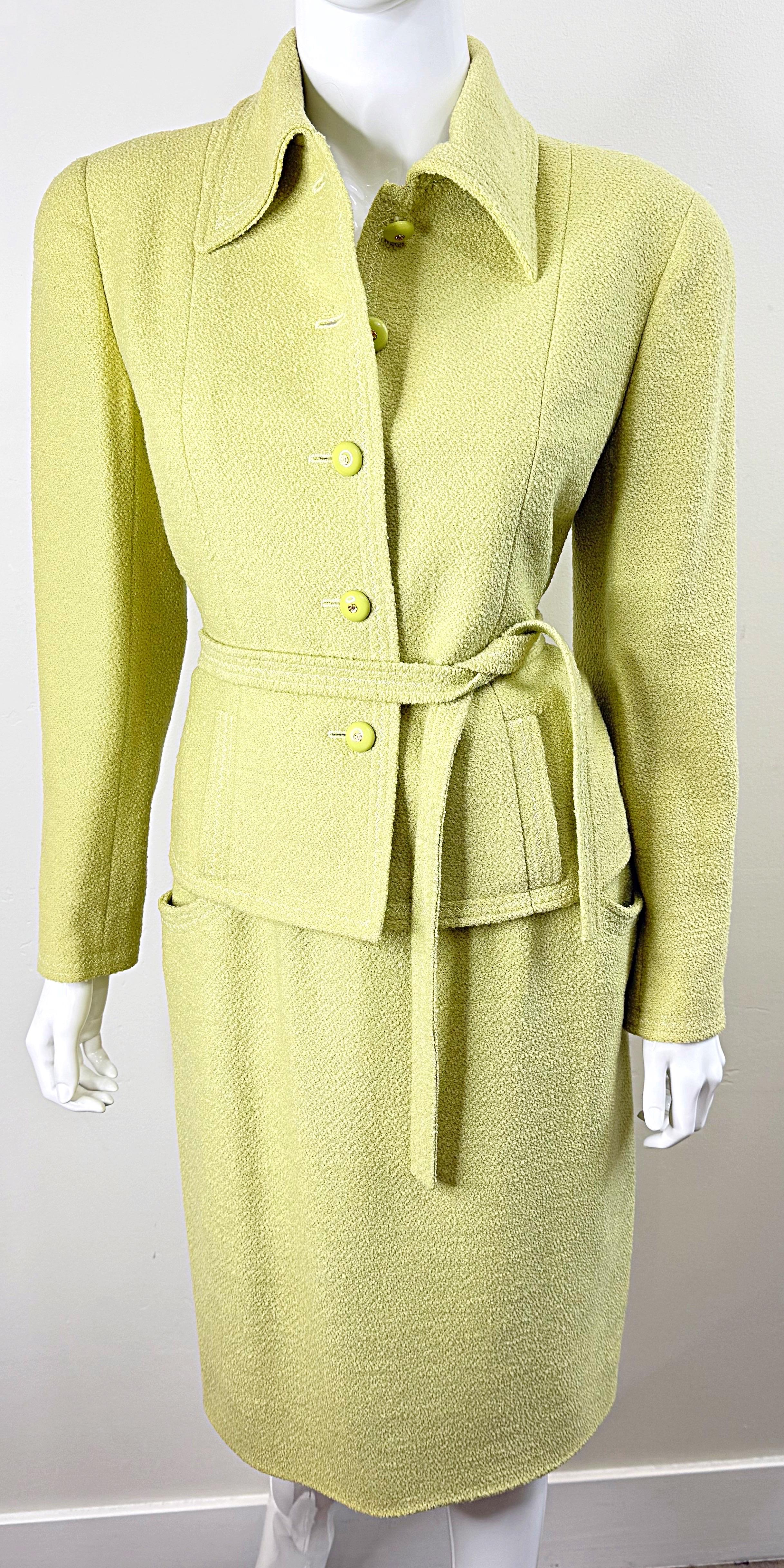 Chanel Fall 1991 Collection 28 Size 42 Lime Green Belted Vintage 90s Skirt Suit For Sale 8