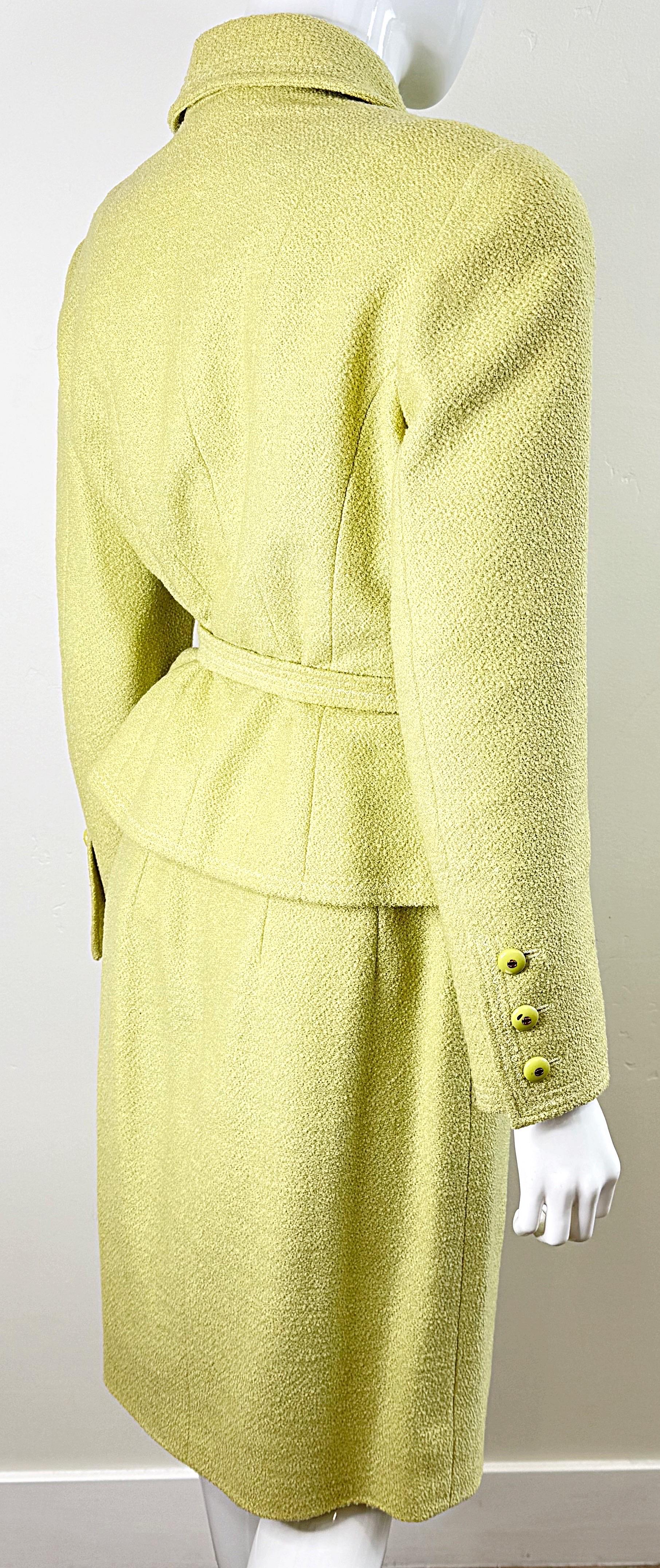 Chanel Fall 1991 Collection 28 Size 42 Lime Green Belted Vintage 90s Skirt Suit For Sale 9
