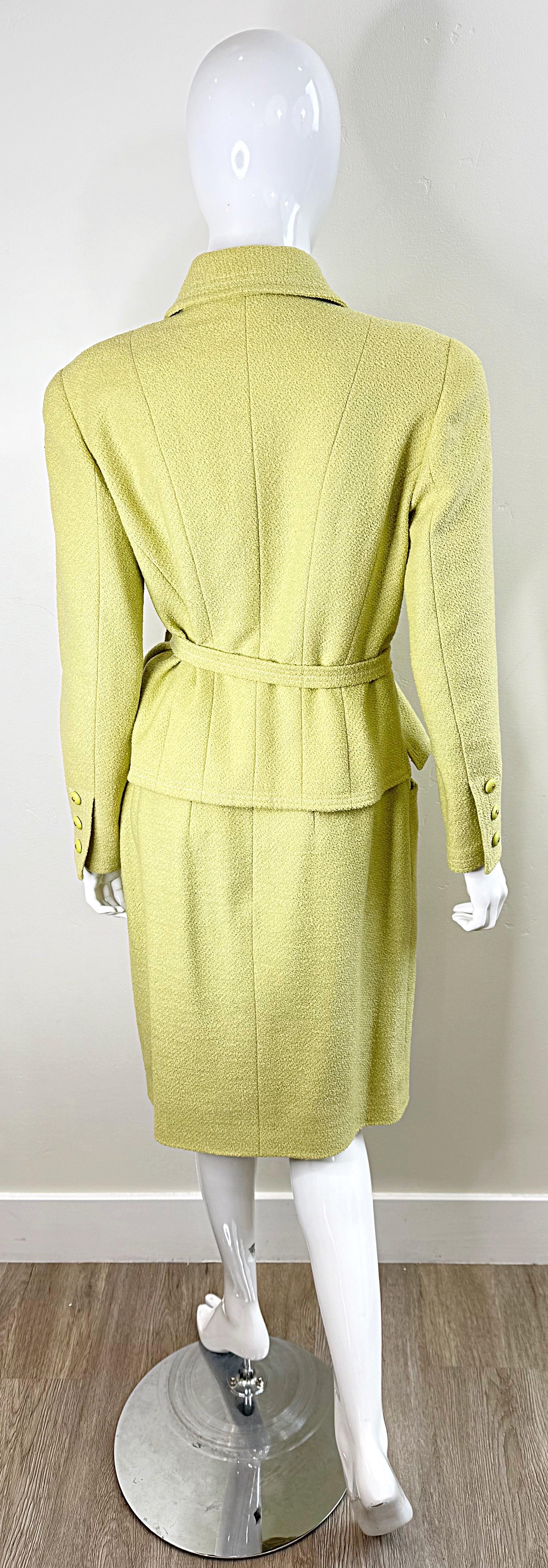 Chanel Fall 1991 Collection 28 Size 42 Lime Green Belted Vintage 90s Skirt Suit For Sale 15
